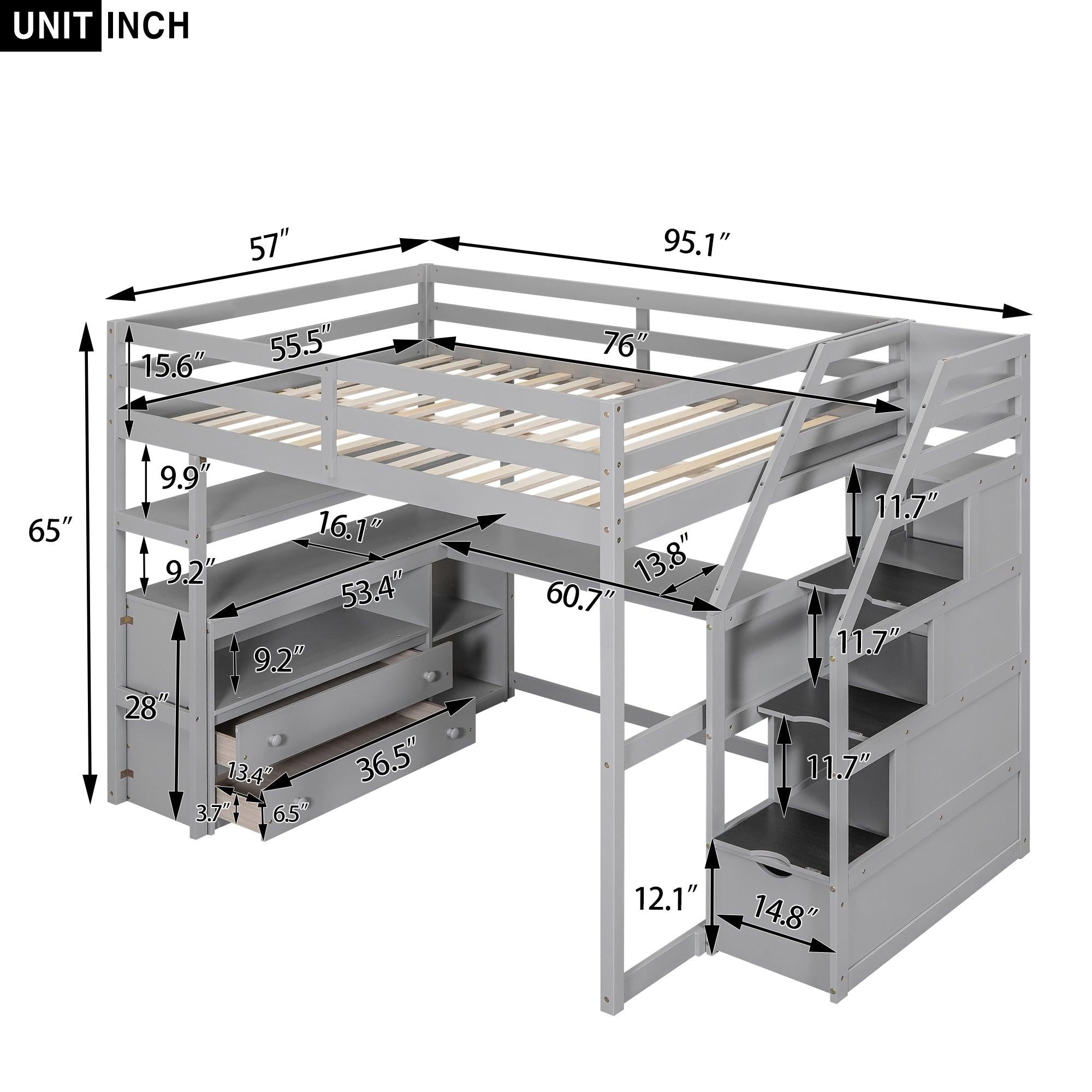 Full Size Loft Bed with Desk and Shelves, Two Built-in Drawers,Storage Staircase, Gray