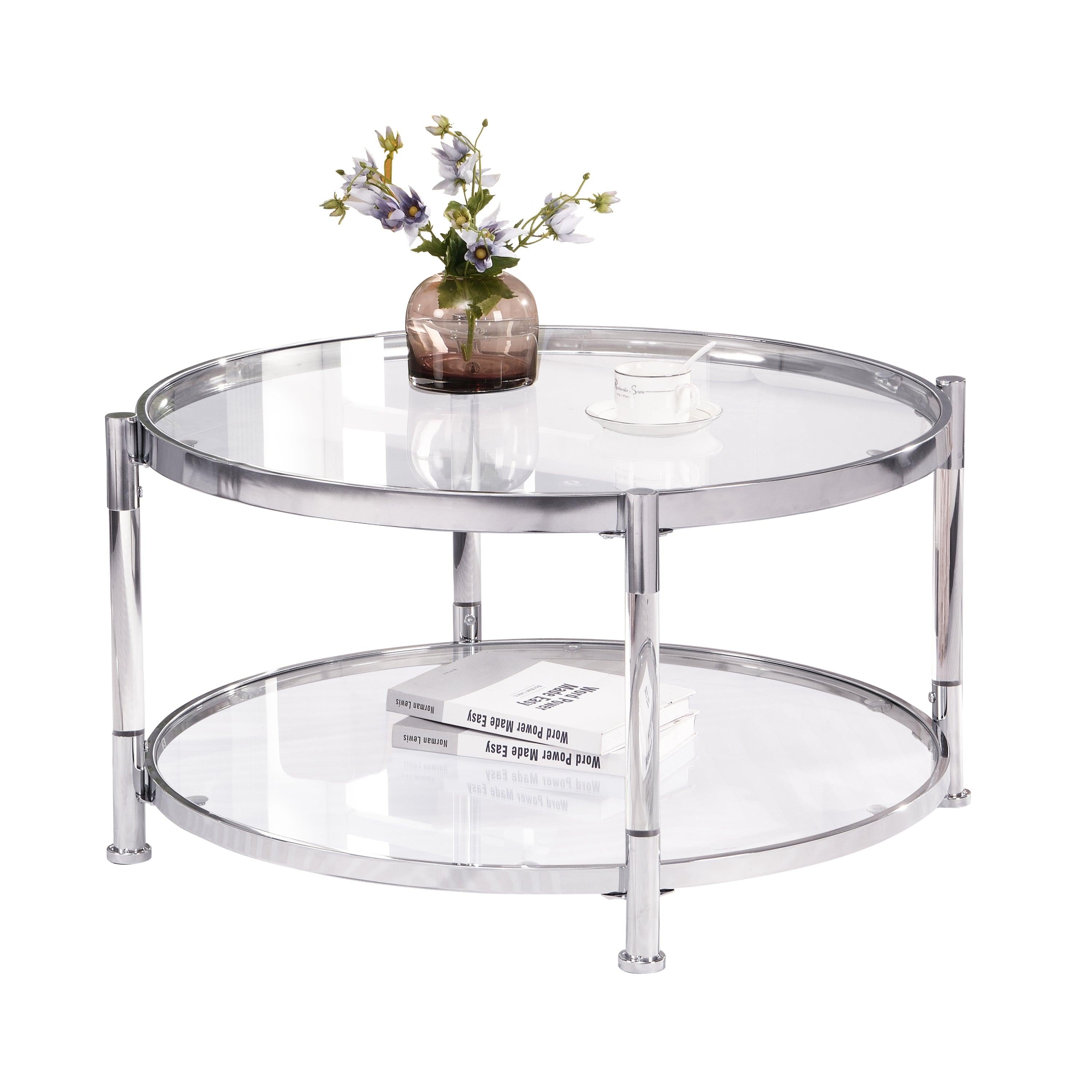 Contemporary Acrylic Coffee Table, 32.3'' Round Tempered Glass Coffee Table, Chrome/Silver  Coffee Table for Living Room