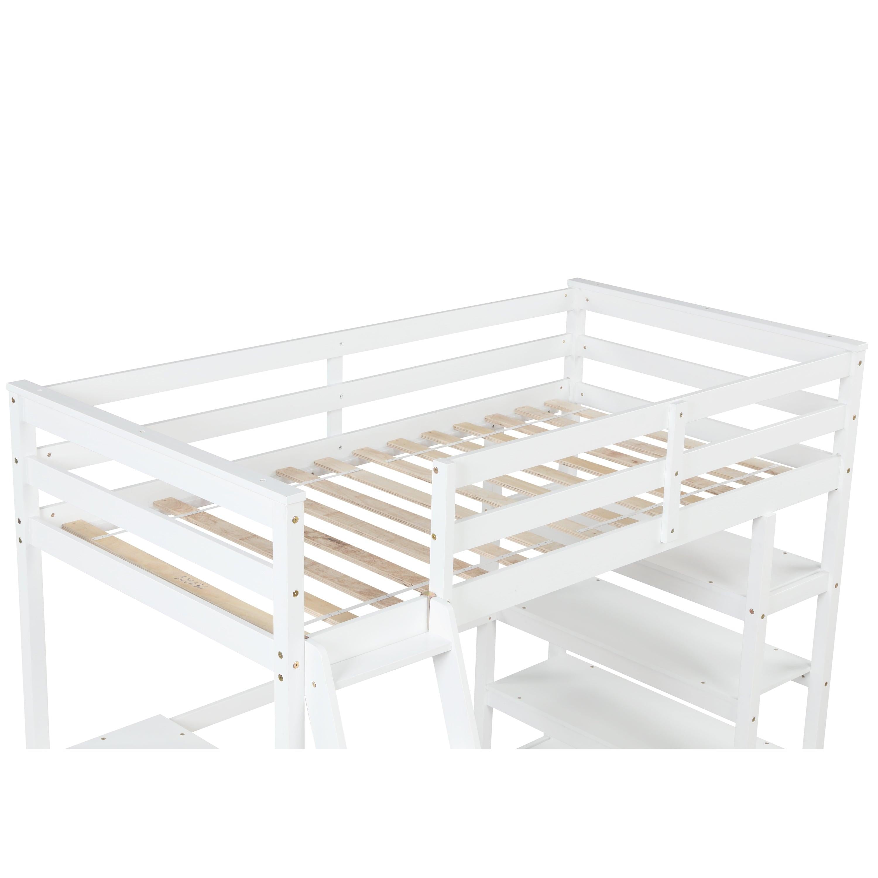 Twin Loft Bed with desk,ladder,shelves , White