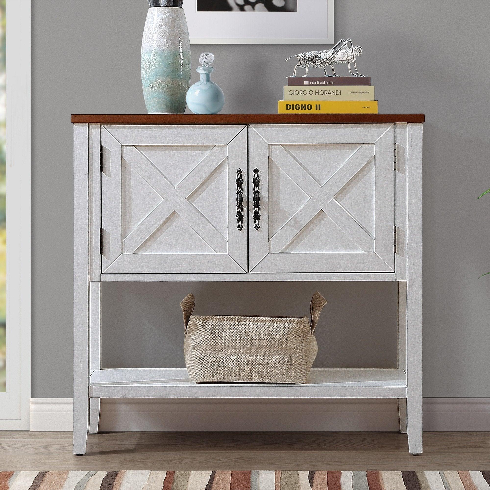 35’’ Farmhouse Wood Buffet Sideboard Console Table with Bottom Shelf and 2-Door Cabinet, for Living Room, Entryway,Kitchen Dining Room Furniture( Antique White + Walnut Top)