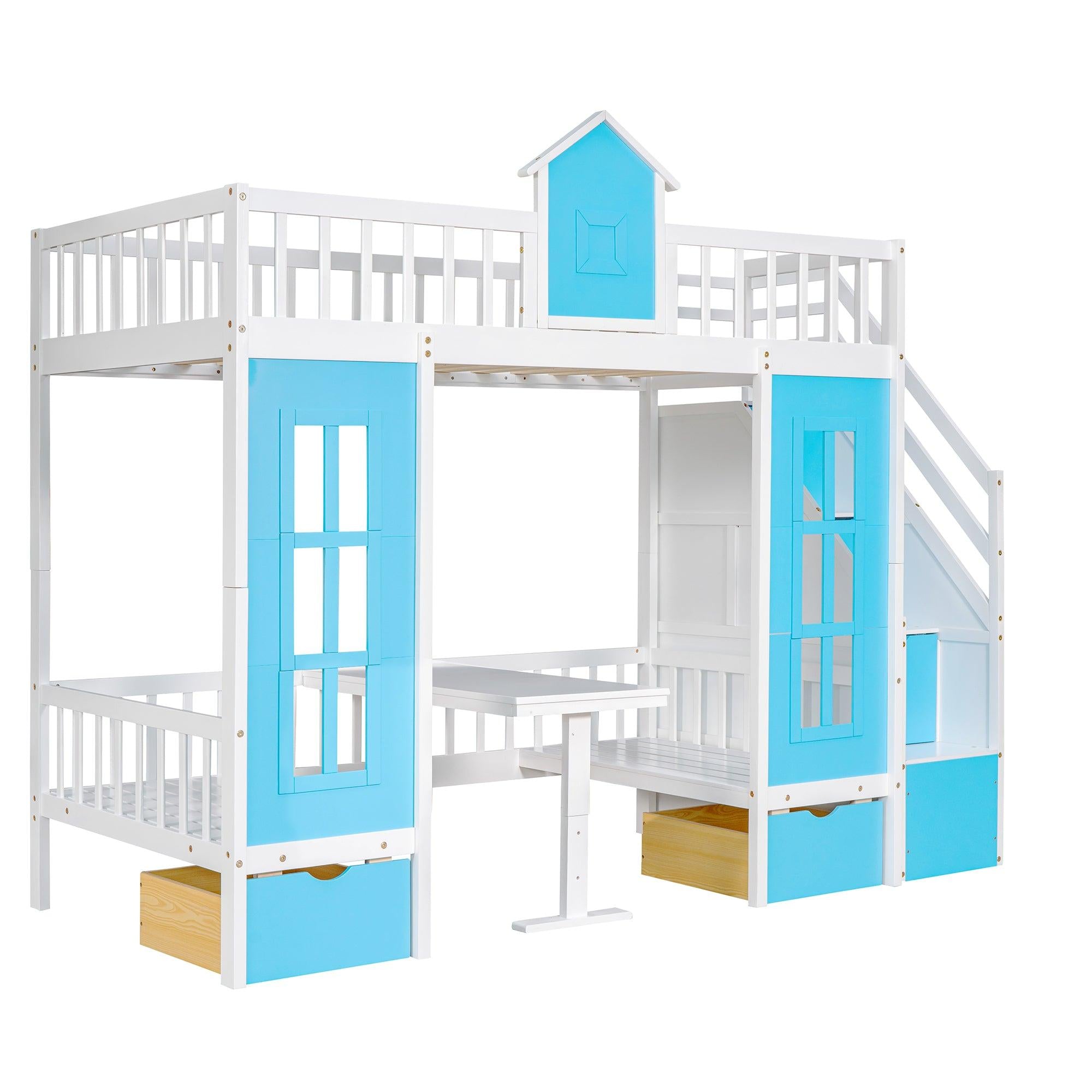 Twin-Over-Twin Bunk Bed with Changeable Table , Bunk Bed  Turn into Upper Bed and Down Desk with 2 Drawers - Blue