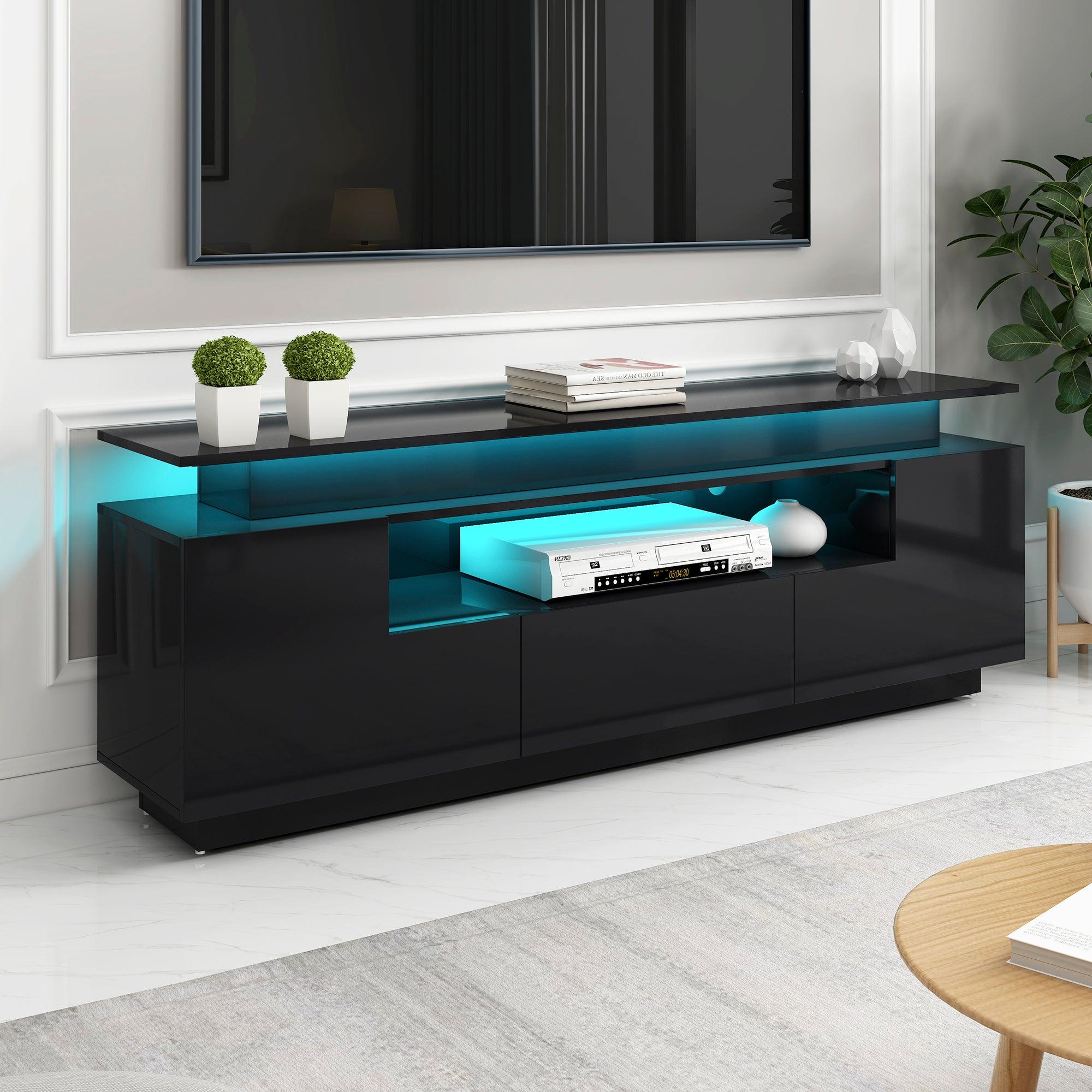 Modern, Stylish Functional TV stand with Color Changing LED Lights, Universal Entertainment Center, High Gloss TV Cabinet for 75+ inch TV, Black