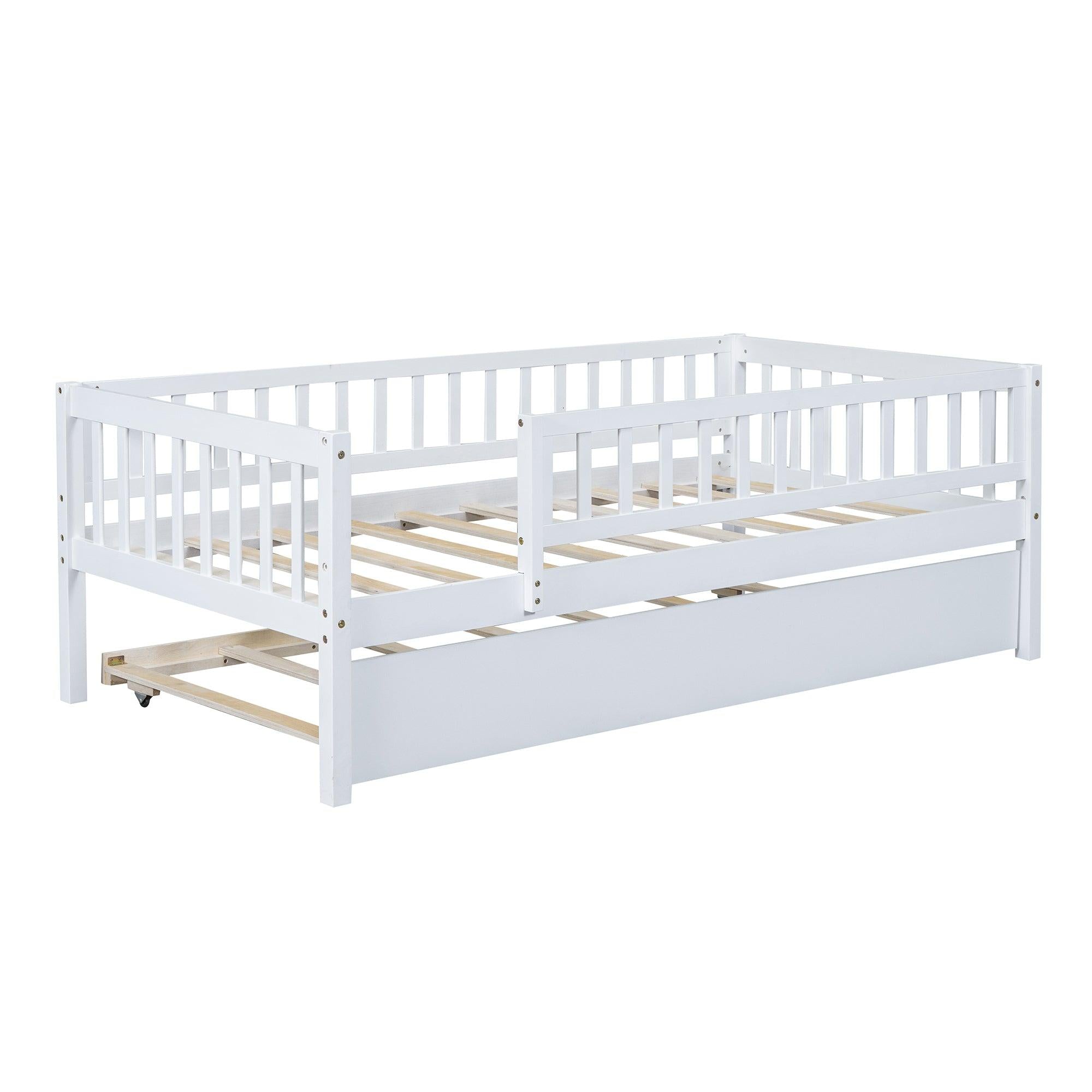 Twin Size Wood Daybed with Trundle and Fence Guardrails, White