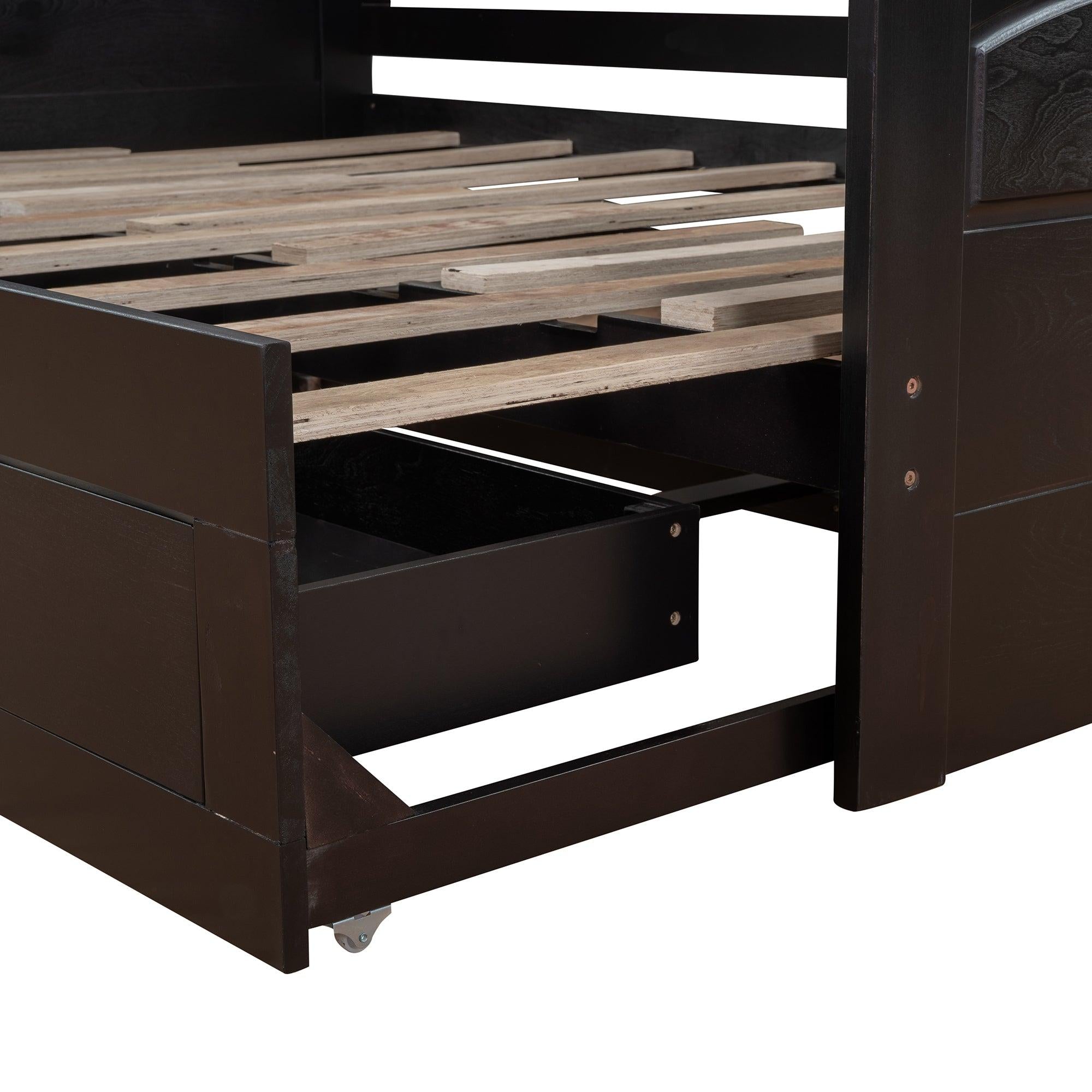 Wooden Daybed with Trundle Bed and TwoStorage Drawers , Extendable Bed Daybed,Sofa Bed with Two Drawers, Espresso