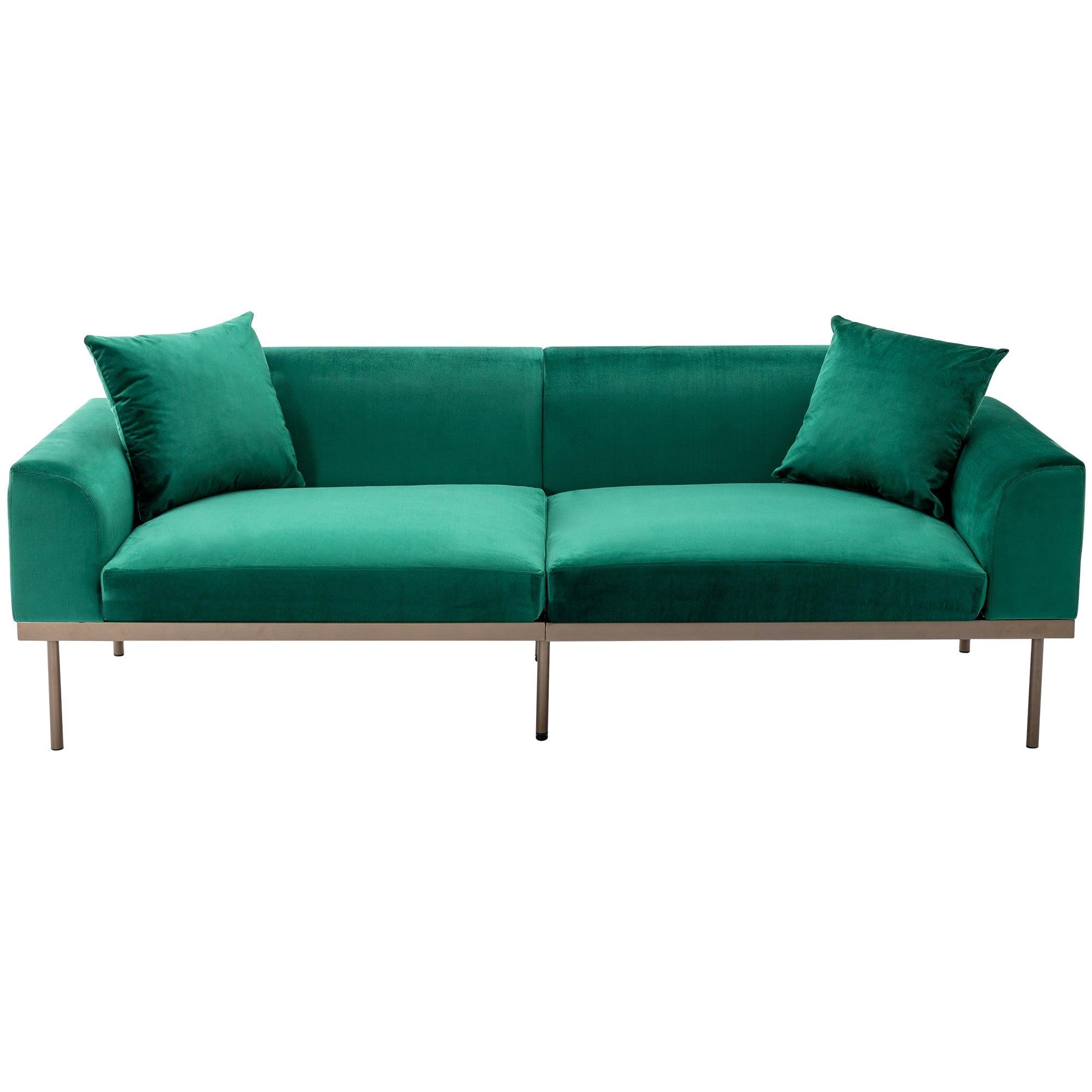 Modern Velvet Sofa with Metal Legs,Loveseat Sofa Couch with Two Pillows for Living Room and Bedroom, Green