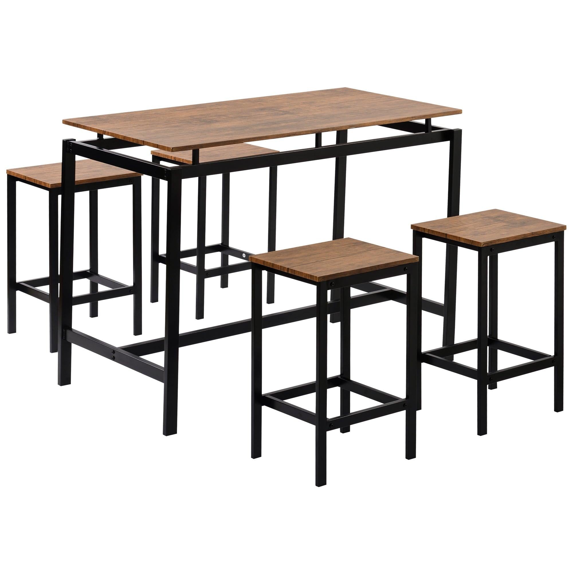 5-Piece Kitchen Counter Height Table Set, Industrial Dining Table with 4 Chairs (Brown)