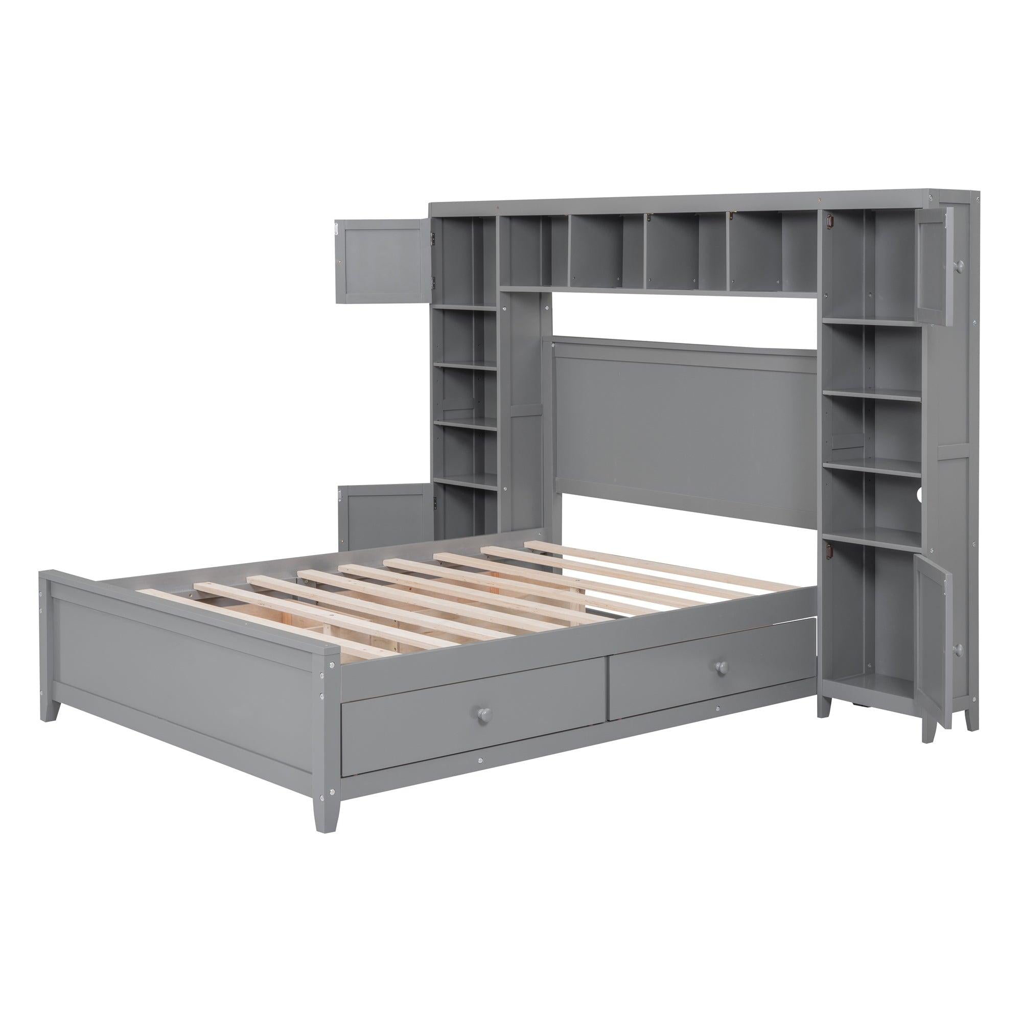 Full Size Wooden Bed With All-in-One Cabinet and Shelf, Gray