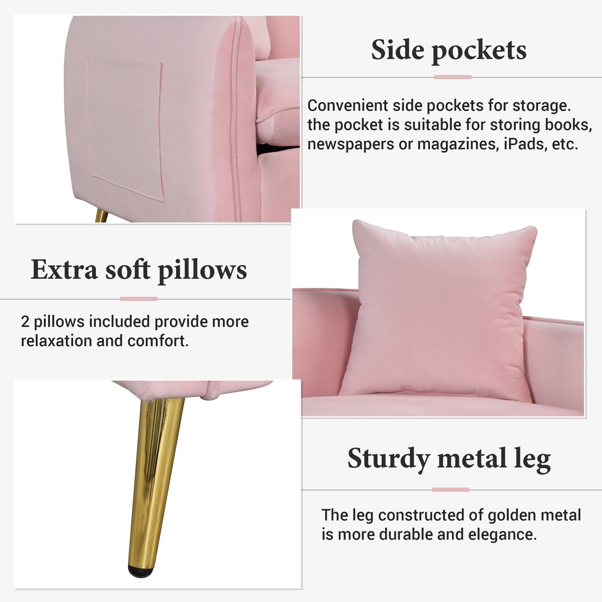 77.5" Velvet Upholstered Sofa with Armrest Pockets,3-Seat Couch with 2 Pillows and lden Metal Legs for Living Room,Apartment,Home Office,Pink