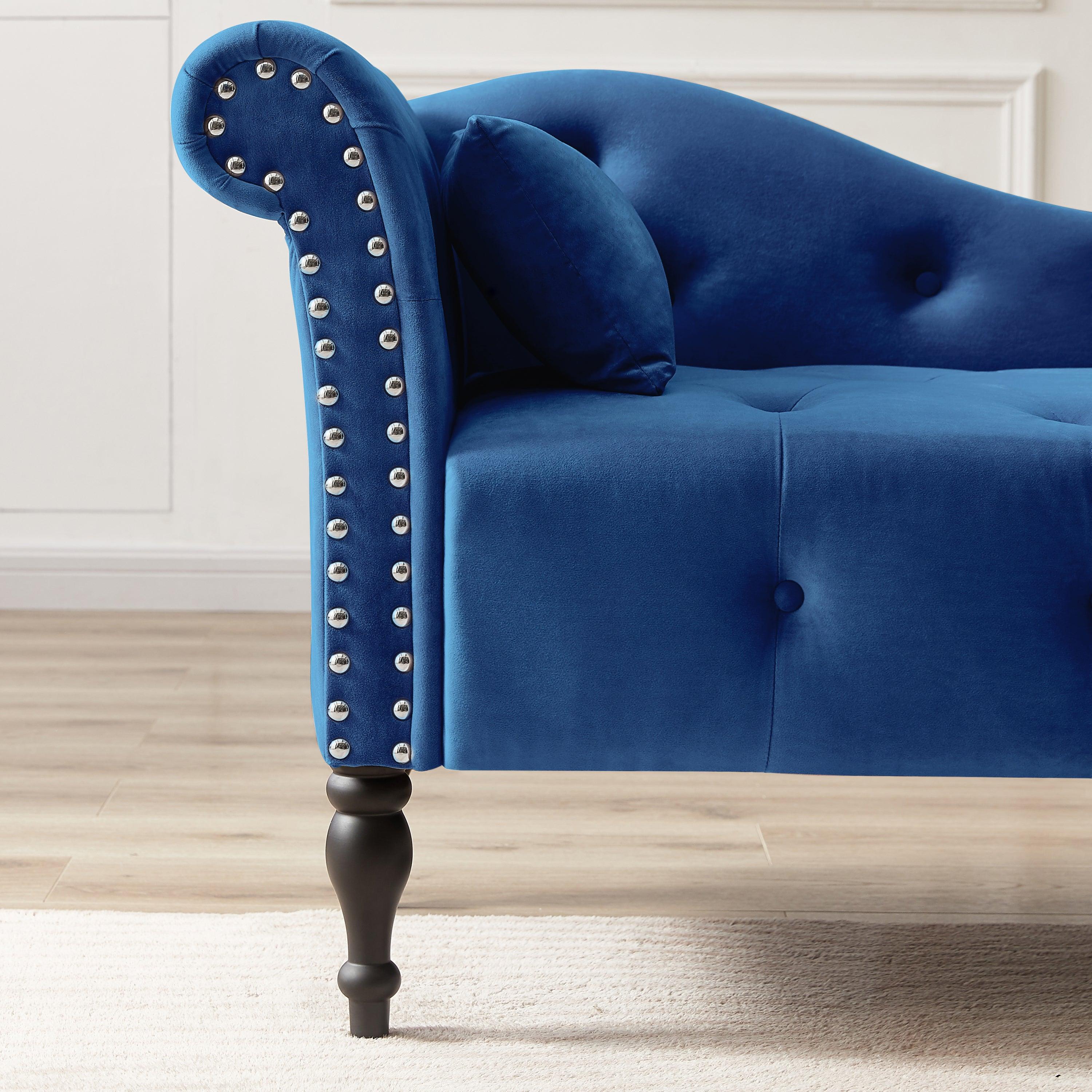 60.6" Velvet Chaise Lounge Buttons Tufted Nailhead Trimmed Solid Wood Legs with 1 Pillow,Blue