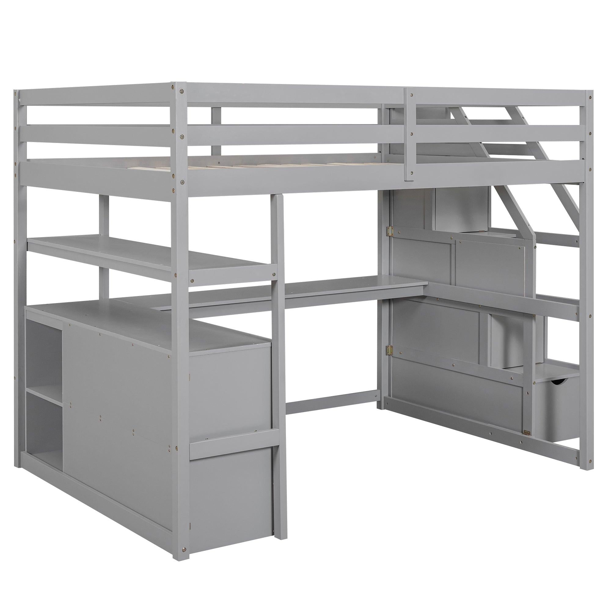 Full Size Loft Bed with Desk and Shelves, Two Built-in Drawers,Storage Staircase, Gray