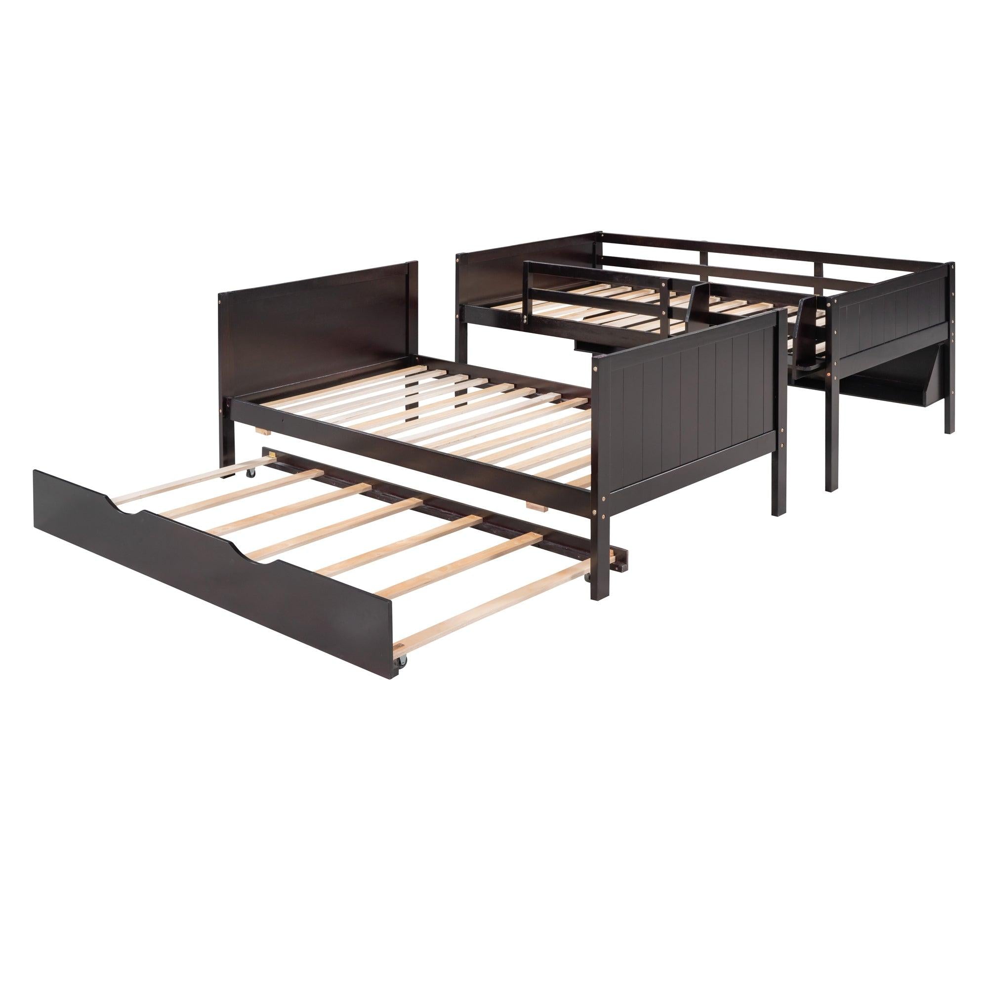 Twin-Over-Twin Bunk Bed with Twin size Trundle , Separable Bunk Bed with Bookshelf for Bedroom -Espresso