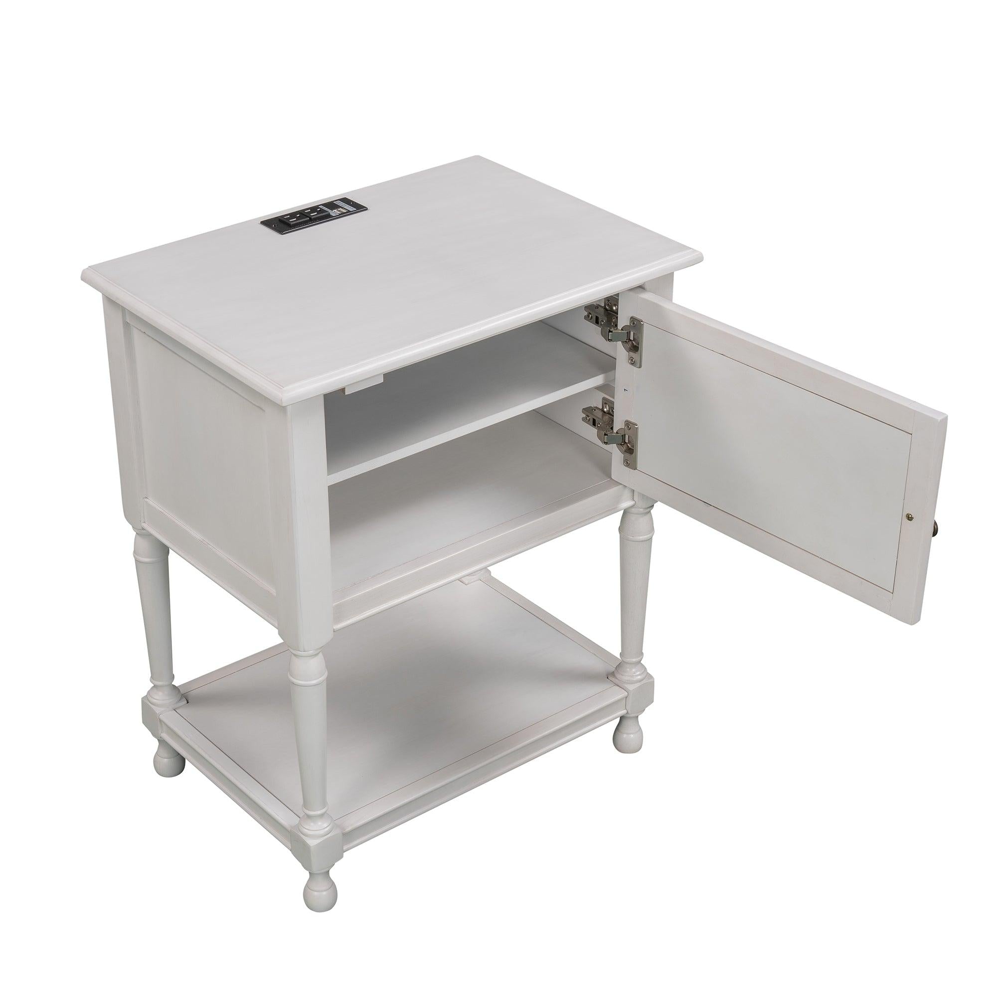 Versatile Nightstand with Two Built-in Shelves Cabinet and an OpenStorage,USB Charging Design,White