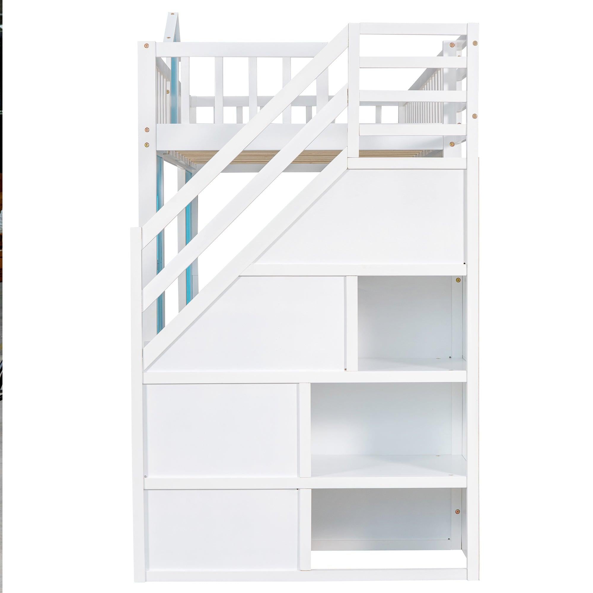 Twin-Over-Twin Bunk Bed with Changeable Table , Bunk Bed  Turn into Upper Bed and Down Desk with 2 Drawers - Blue