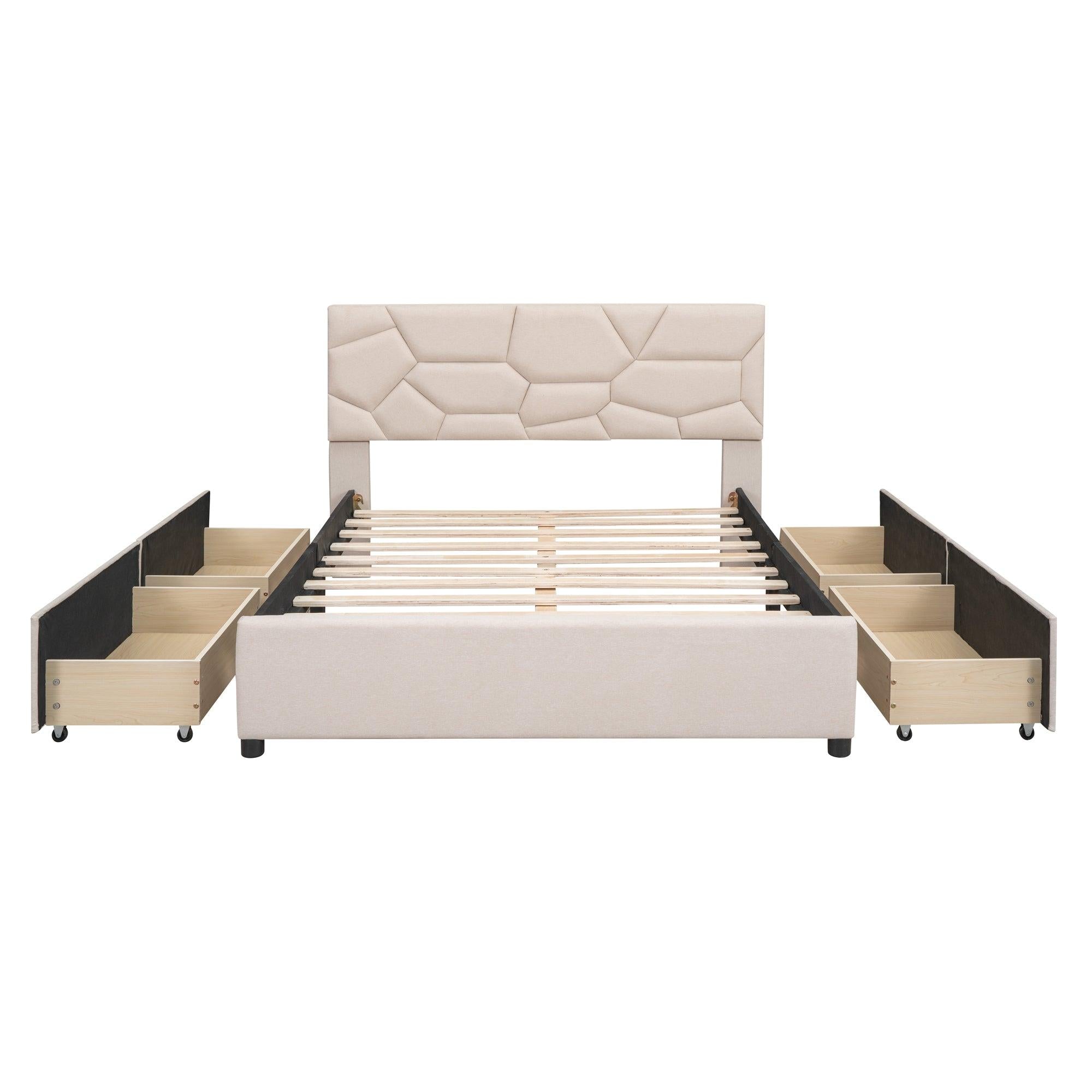 Full Size Upholstered Platform Bed with Brick Pattern Heardboard and 4 Drawers, Linen Fabric, Beige