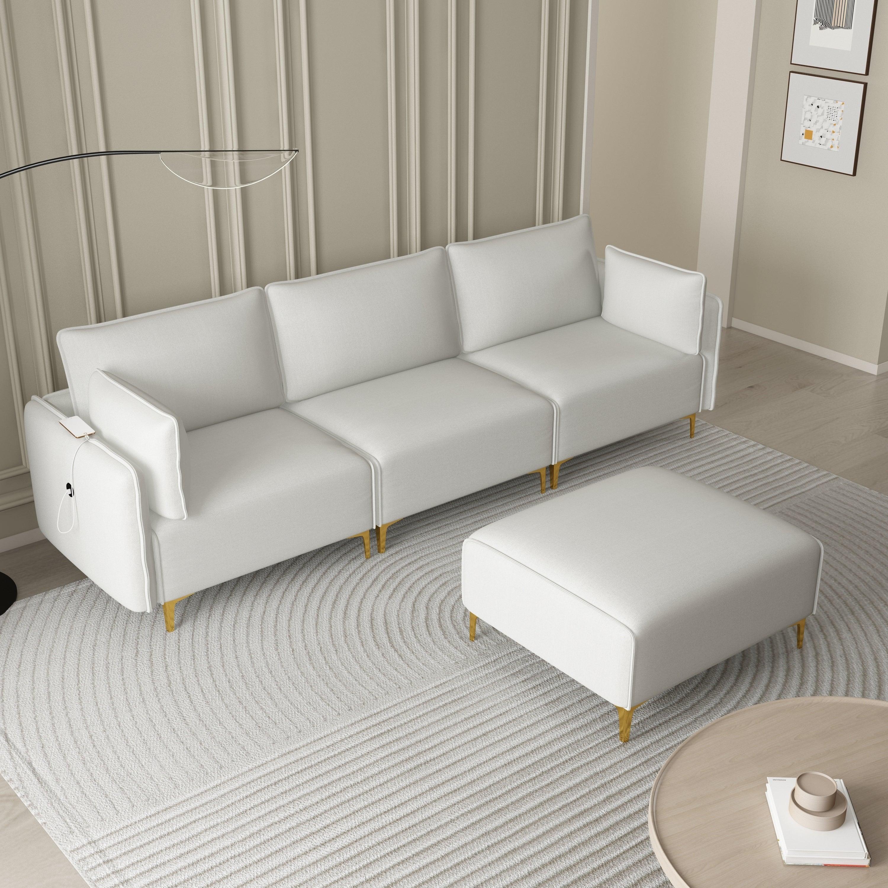 L Shape Sectional Sofa with USB Beige Fabric