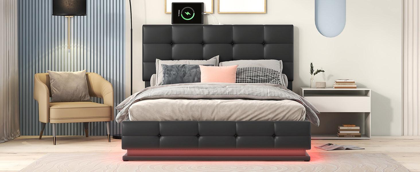 Full Size Tufted Upholstered Platform Bed with HydraulicStorage System,PUStorage Bed with LED Lights and USB charger, Black