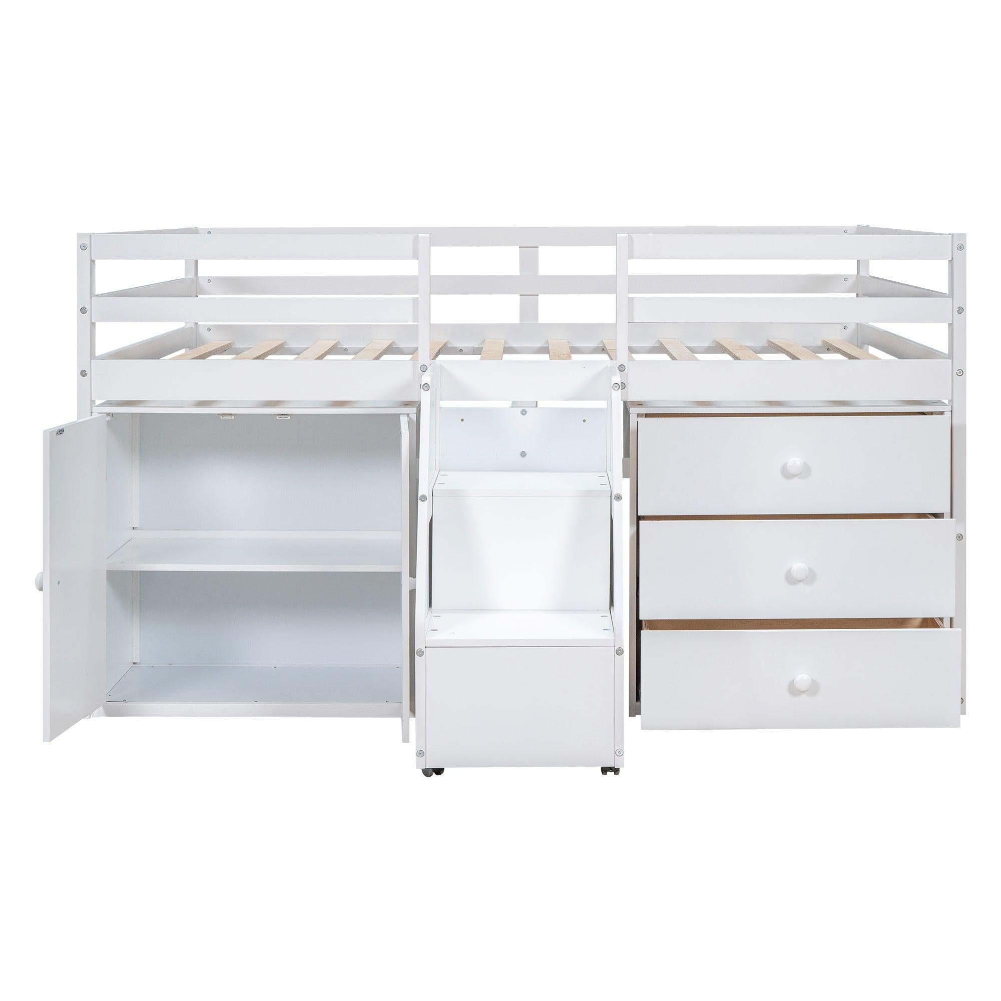 Full Size Functional Loft Bed with Cabinets and Drawers, Hanging Clothes at the back of the Staircase, White