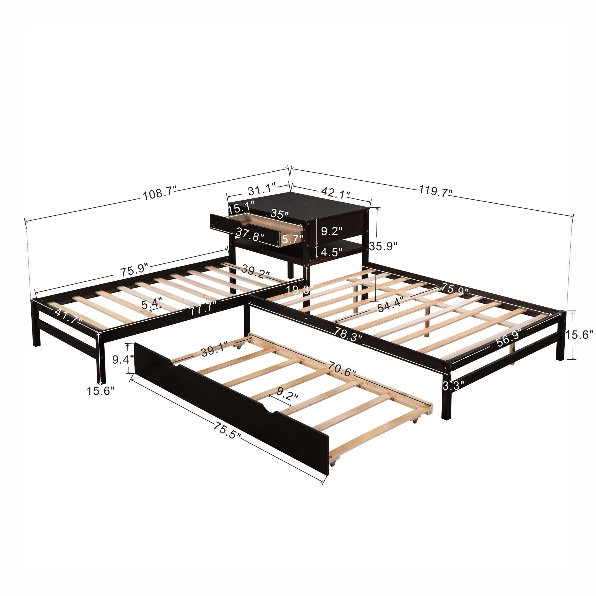 L-Shaped Full Size and Twin Size Platform Beds with Twin Size Trundle and Drawer Linked with Built-in Rectangle Table,Espresso