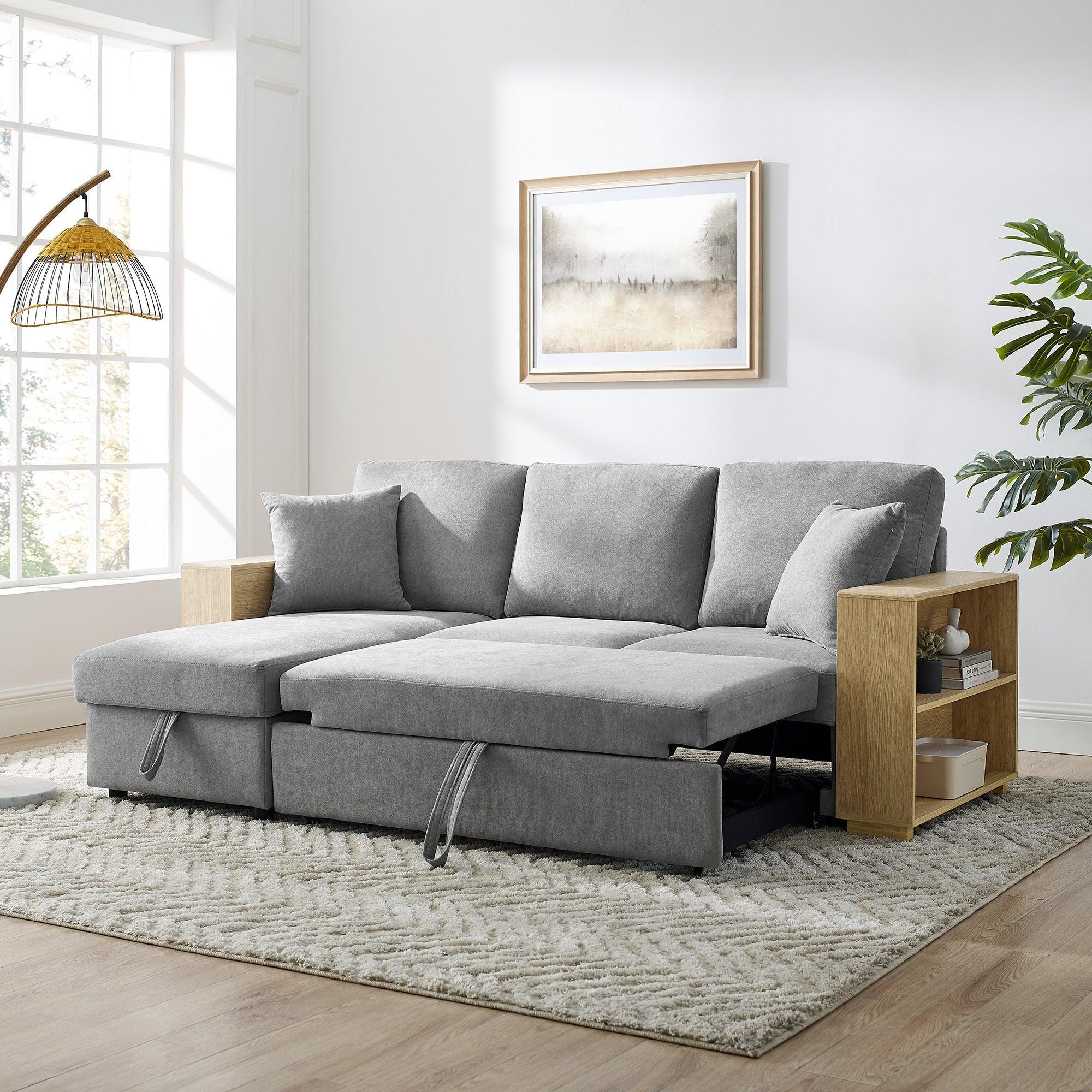 Sectional Sofa with Pulled Out Bed, 2 Seats Sofa and Reversible Chaise withStorage, MDF Shelf Armrest, Two Pillows, Grey, (88" x52" x 34")