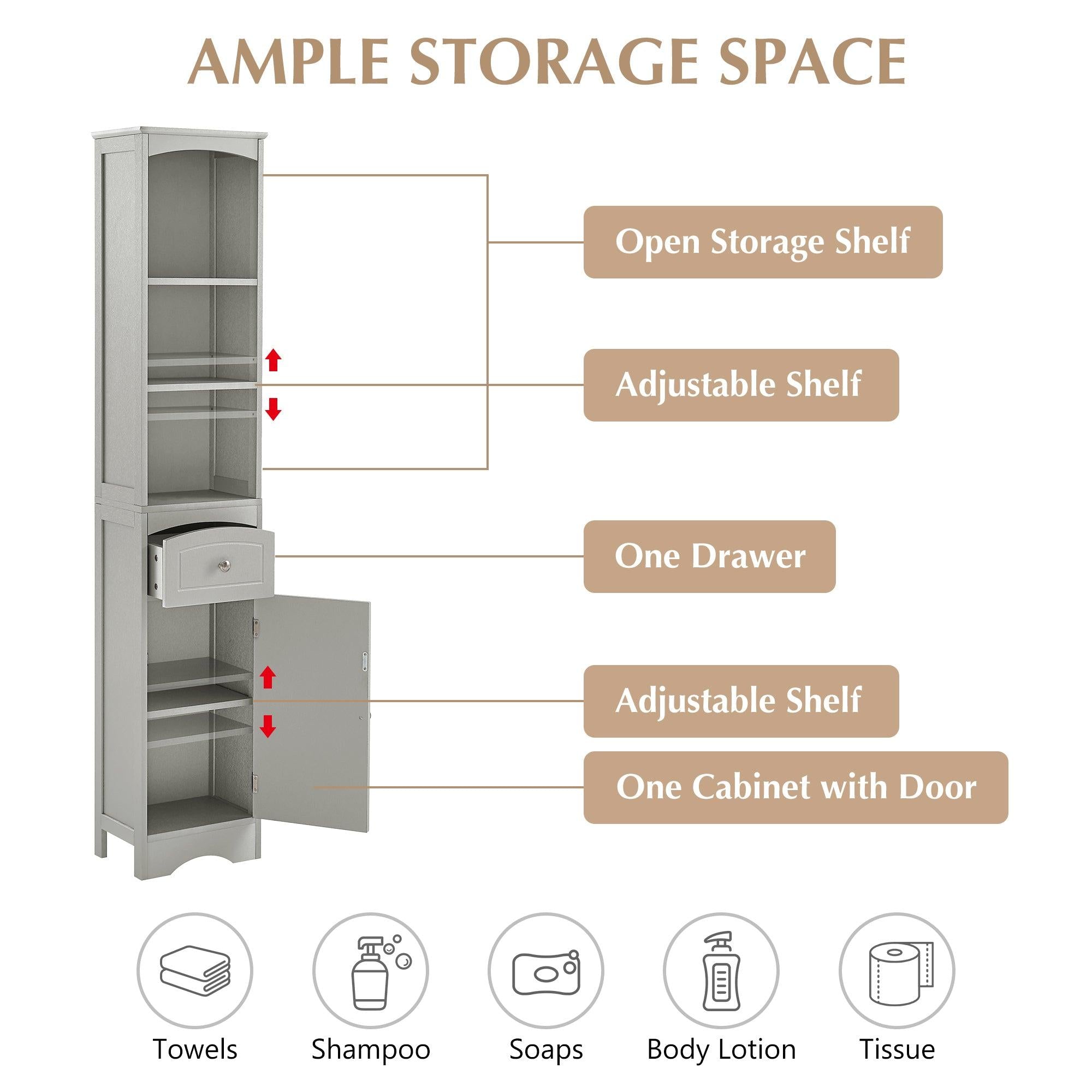 Tall Bathroom Cabinet, FreestandingStorage Cabinet with Drawer, MDF Board, Adjustable Shelf, Grey