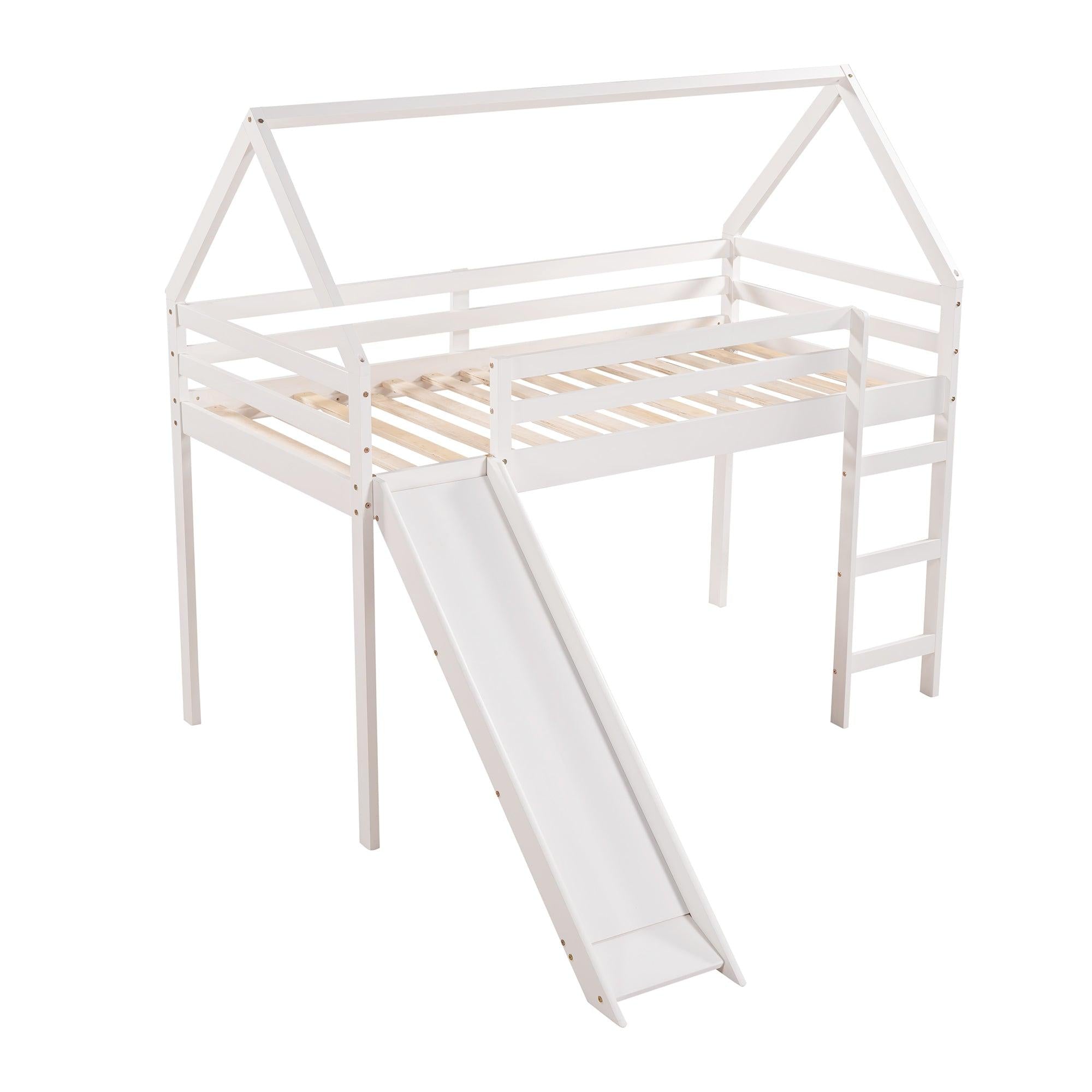 Twin Size Loft Bed with Slide, House Bed with Slide,White