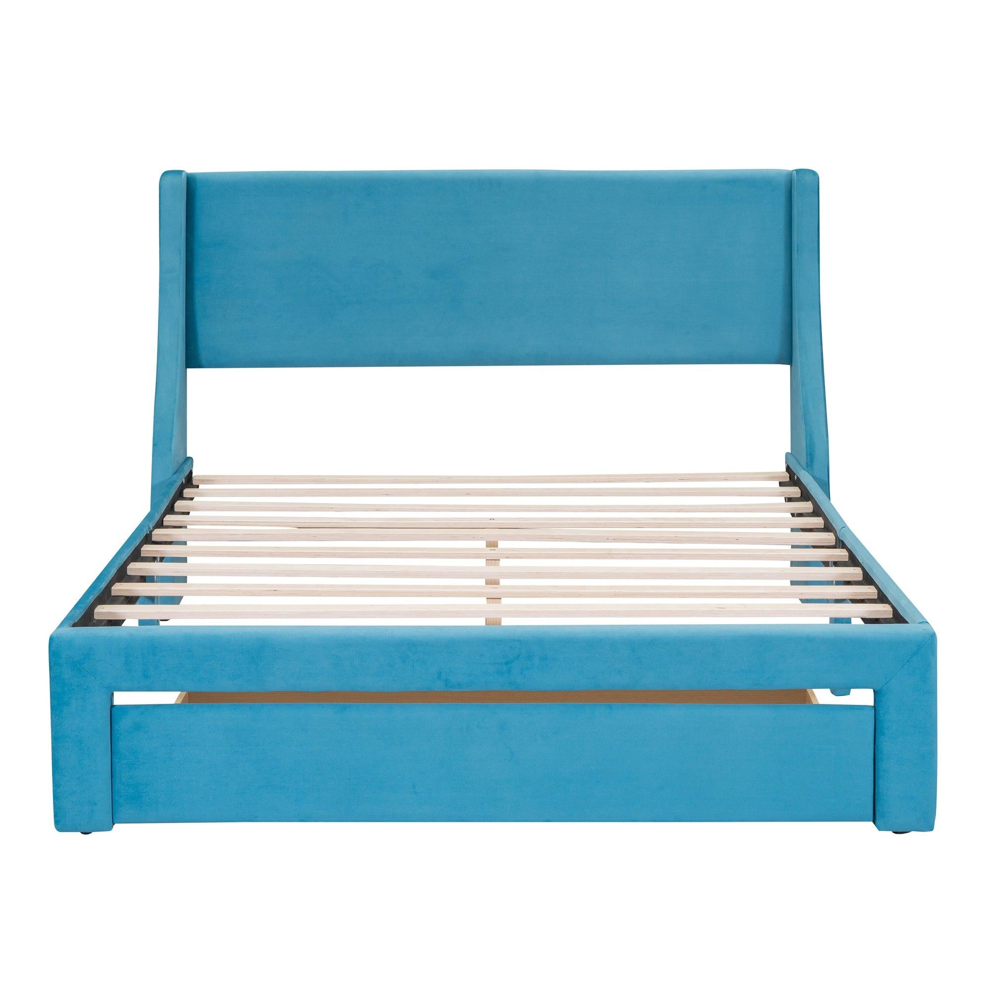 Queen SizeStorage Bed Velvet Upholstered Platform Bed with a Big Drawer - Blue