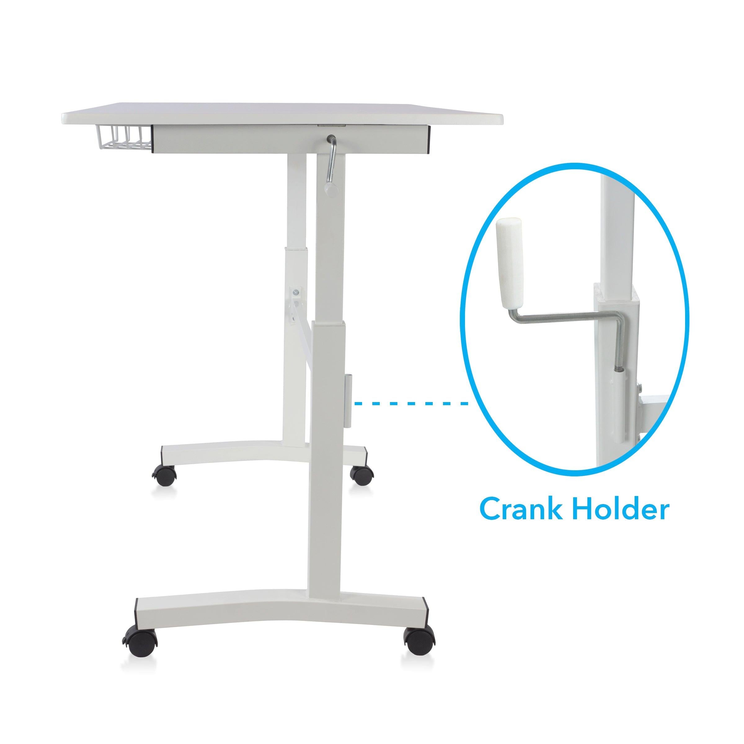 Atlantic Sit Stand Desk with Casters - White (Height Adjustable) with side crank (switchable either side, left or right side crank)