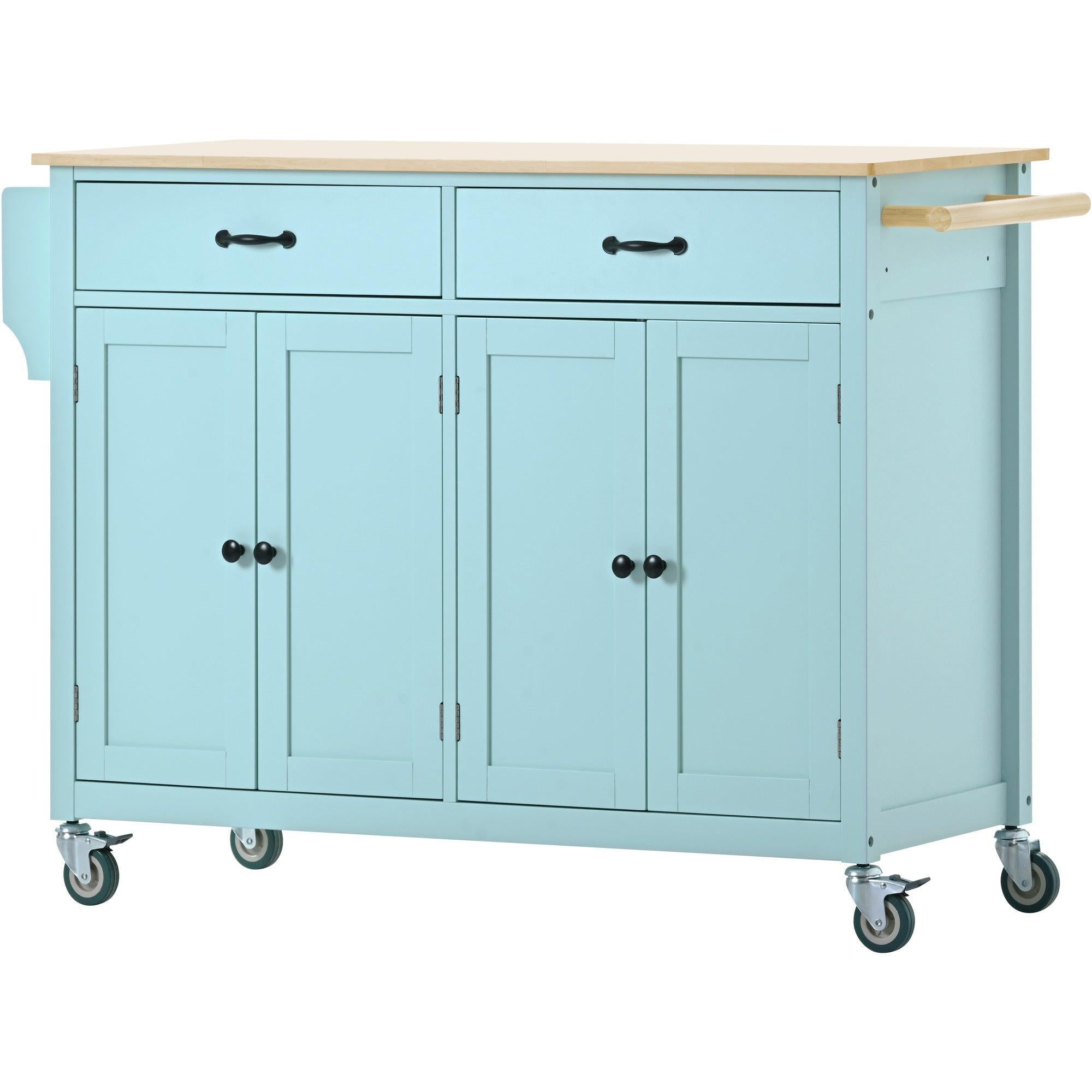 Kitchen Island Cart with 4 Door Cabinet and Two Drawers and 2 Locking Wheels - Solid Wood Top, Adjustable Shelves, Spice & Towel Rack（Mint Green）