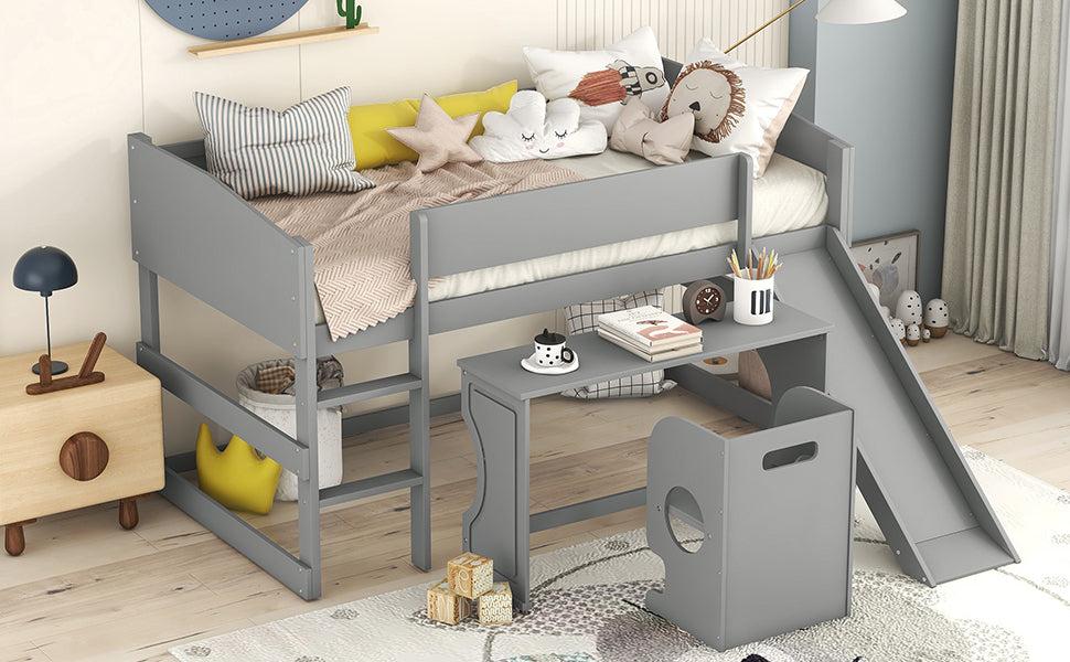 Low Study Twin Loft Bed with Rolling Portable Desk and Chair,Multiple Functions Bed- Gray