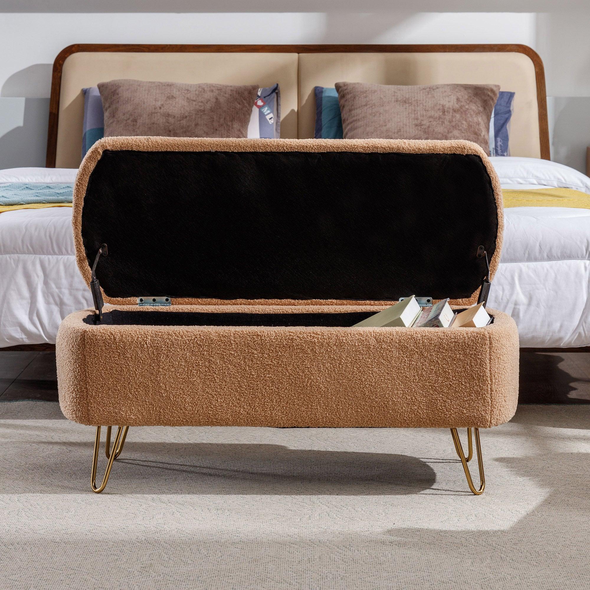 CamelStorage Ottoman Bench for End of Bed Gold Legs,Modern Camel Faux Fur Entryway Bench Upholstered Padded withStorage for Living Room Bedroom