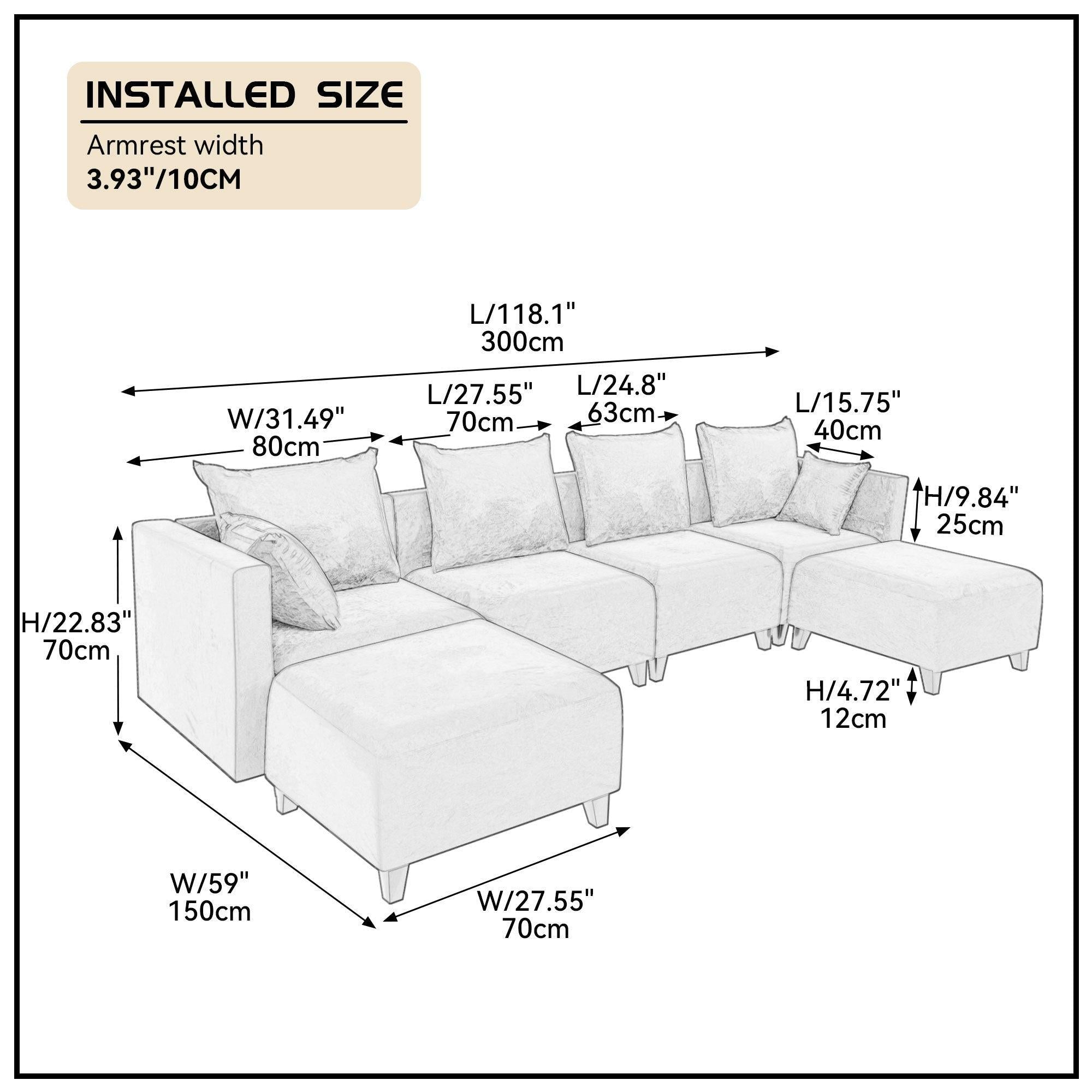 Sectional Sofa U shape Velvet Square Arm Sofa with 6 Pillows for Living Room, Beige with Black Foot