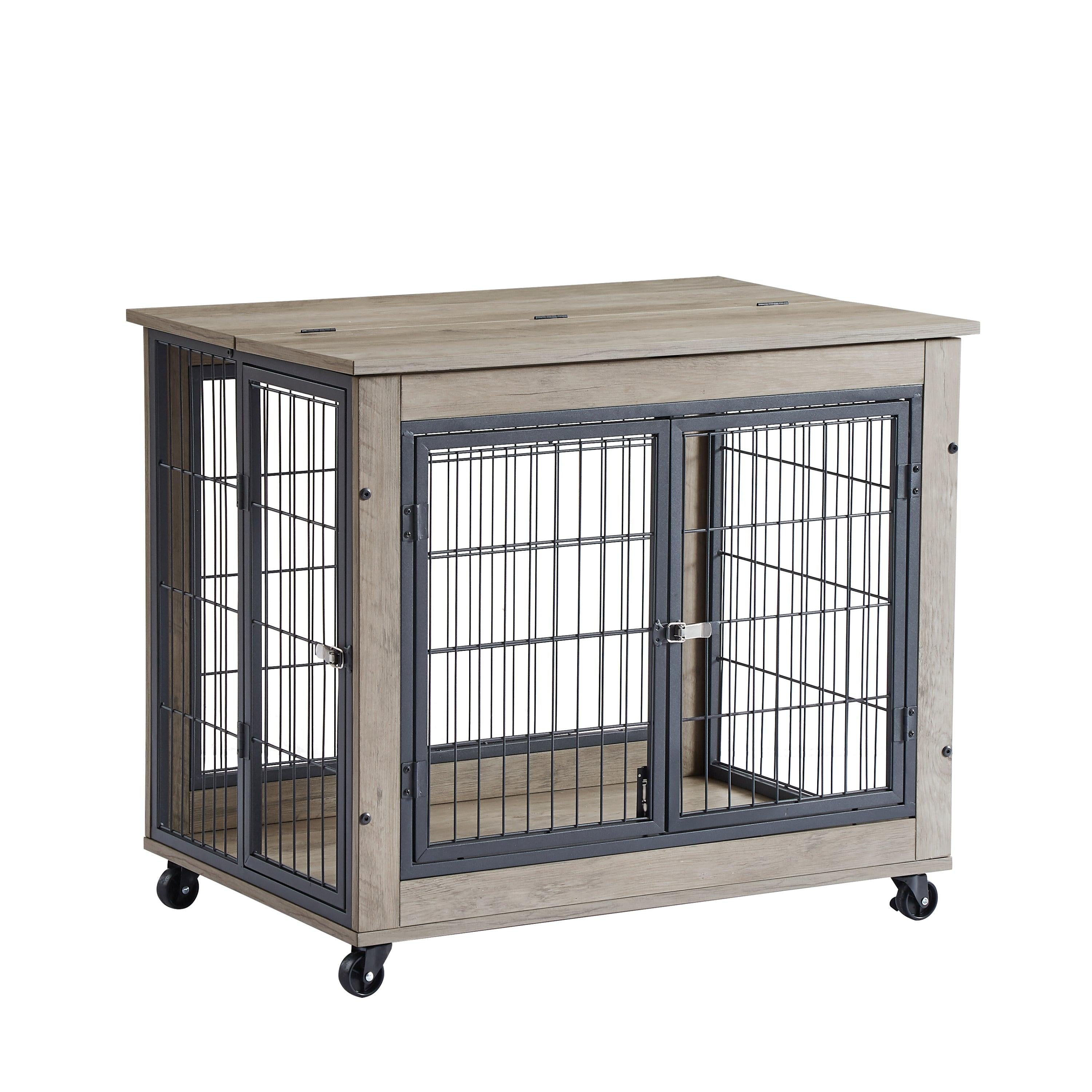 Furniture Style Dog Crate Side Table on Wheels with Double Doors and Lift Top. （Grey,31.50’’W*22.05’’D*25’’H）