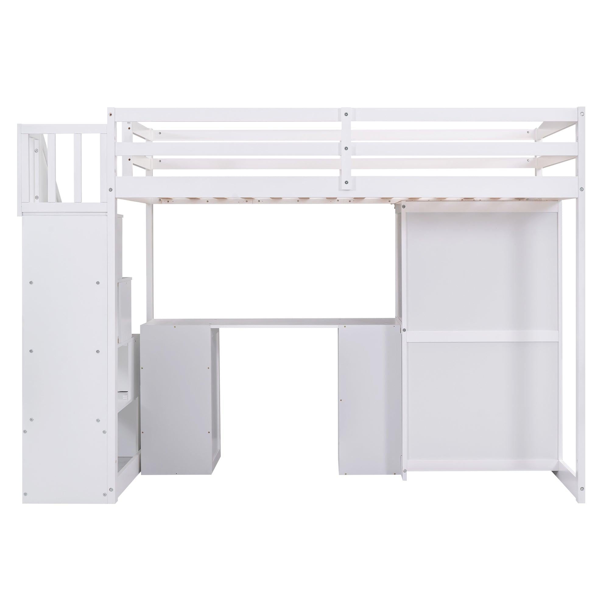 Twin Size Loft Bed with Wardrobe and Staircase, Desk andStorage Drawers and Cabinet in 1, White