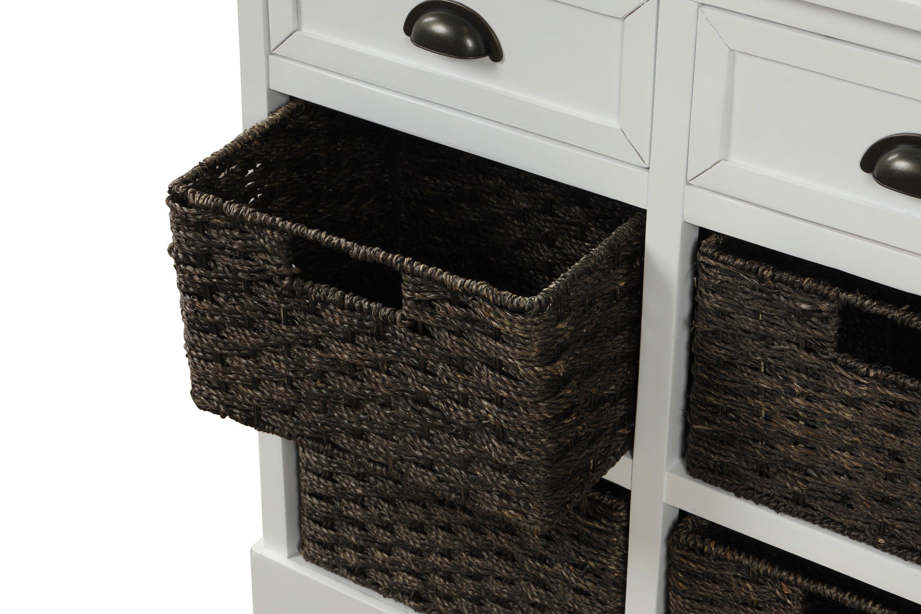 RusticStorage Cabinet with Two Drawers and Four  Classic Rattan Basket for Dining Room/Living Room (White)