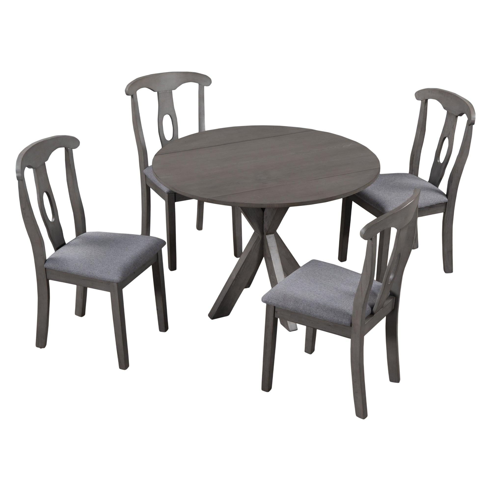 Rustic Farmhouse 5-Piece Wood Round Dining Table Set for 4, Kitchen Furniture with Drop Leaf and 4 Padded Dining Chairs for Small Places, Grey