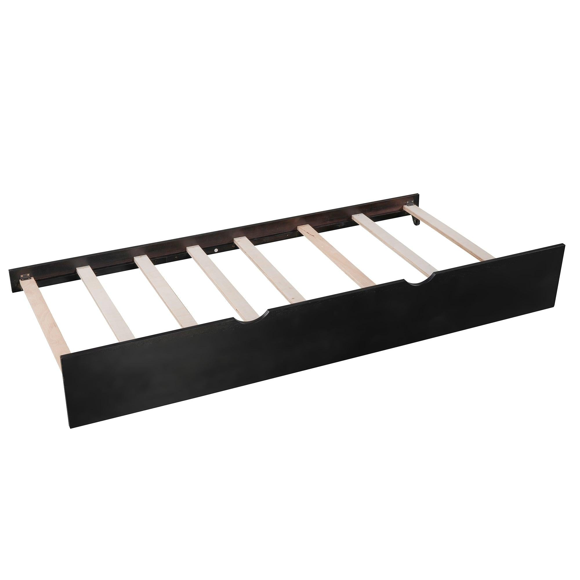 L-shaped Platform Bed with Trundle and Drawers Linked with built-in Desk,Twin,Espresso