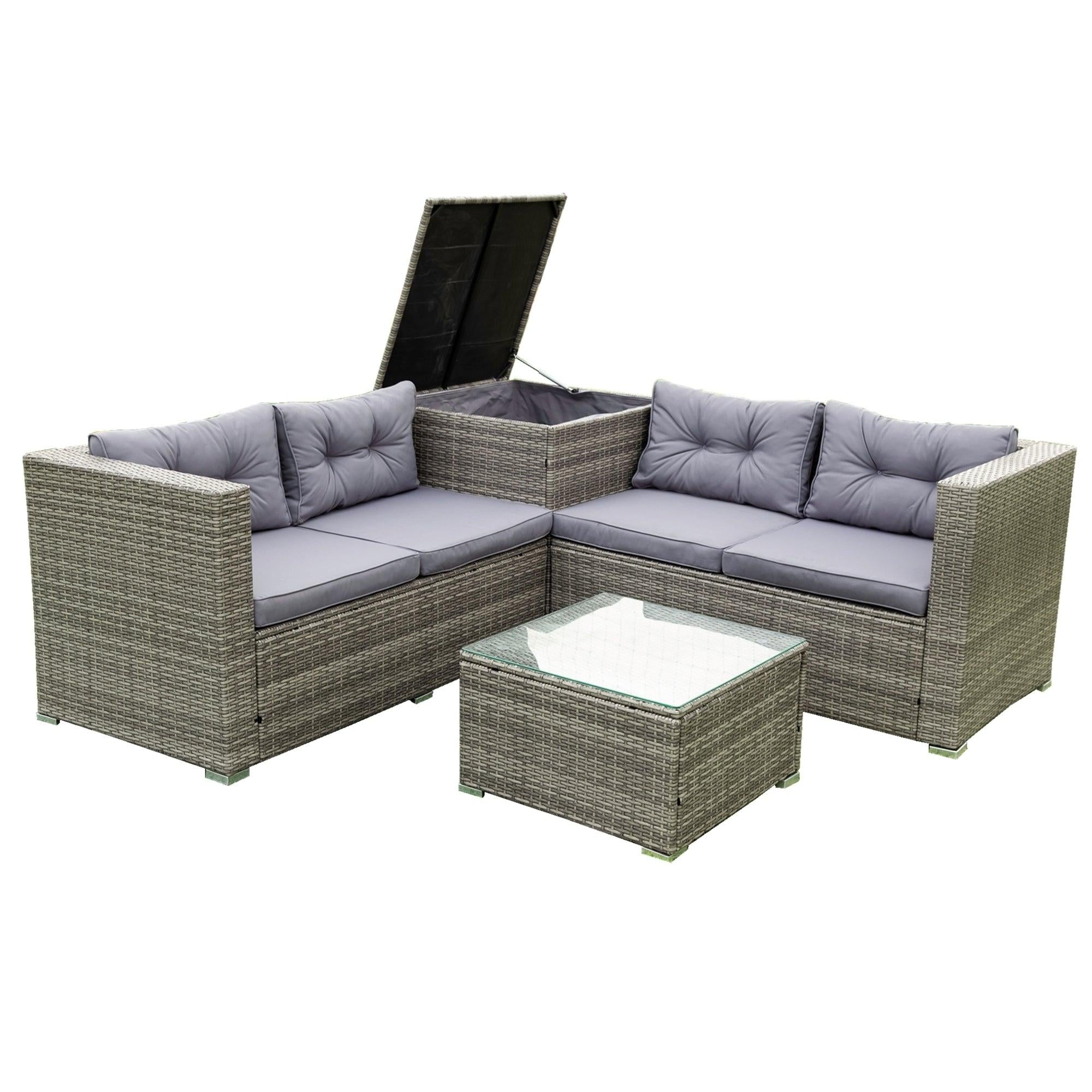 4 Piece Patio Sectional Wicker Rattan Outdoor Furniture Sofa Set withStorage Box Grey