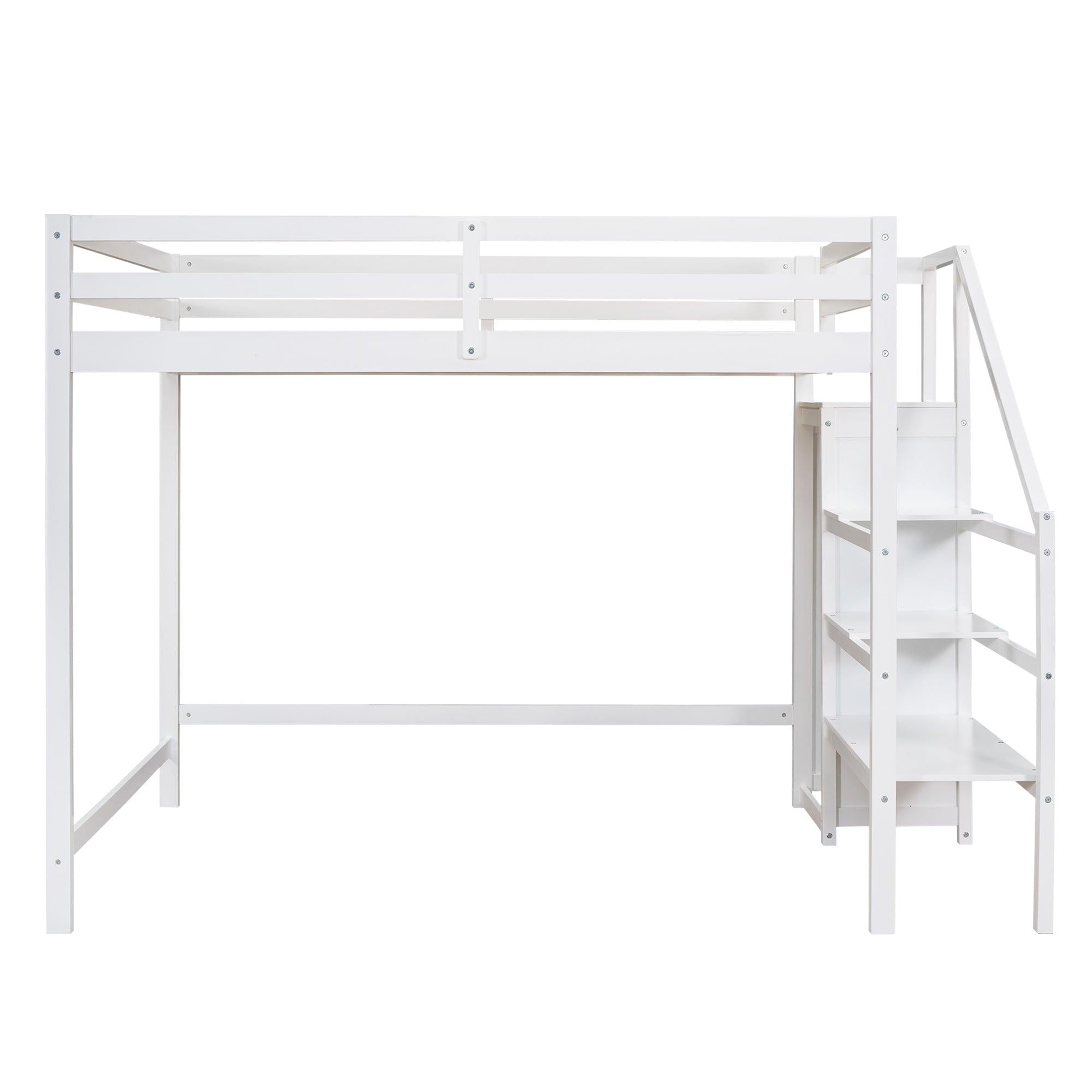 Full Size Loft Bed with Built-inStorage Wardrobe and Staircase,White