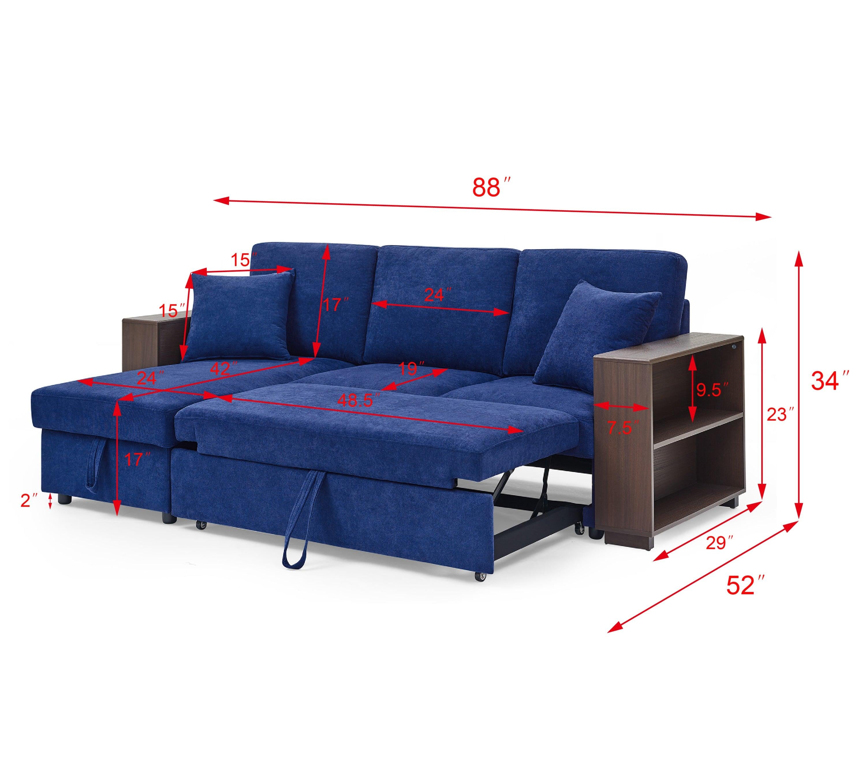 Sectional Sofa with Pulled Out Bed, 2 Seats Sofa and Reversible Chaise withStorage, MDF Shelf Armrest, Two Pillows, Navy Blue, (88" x52" x 34")