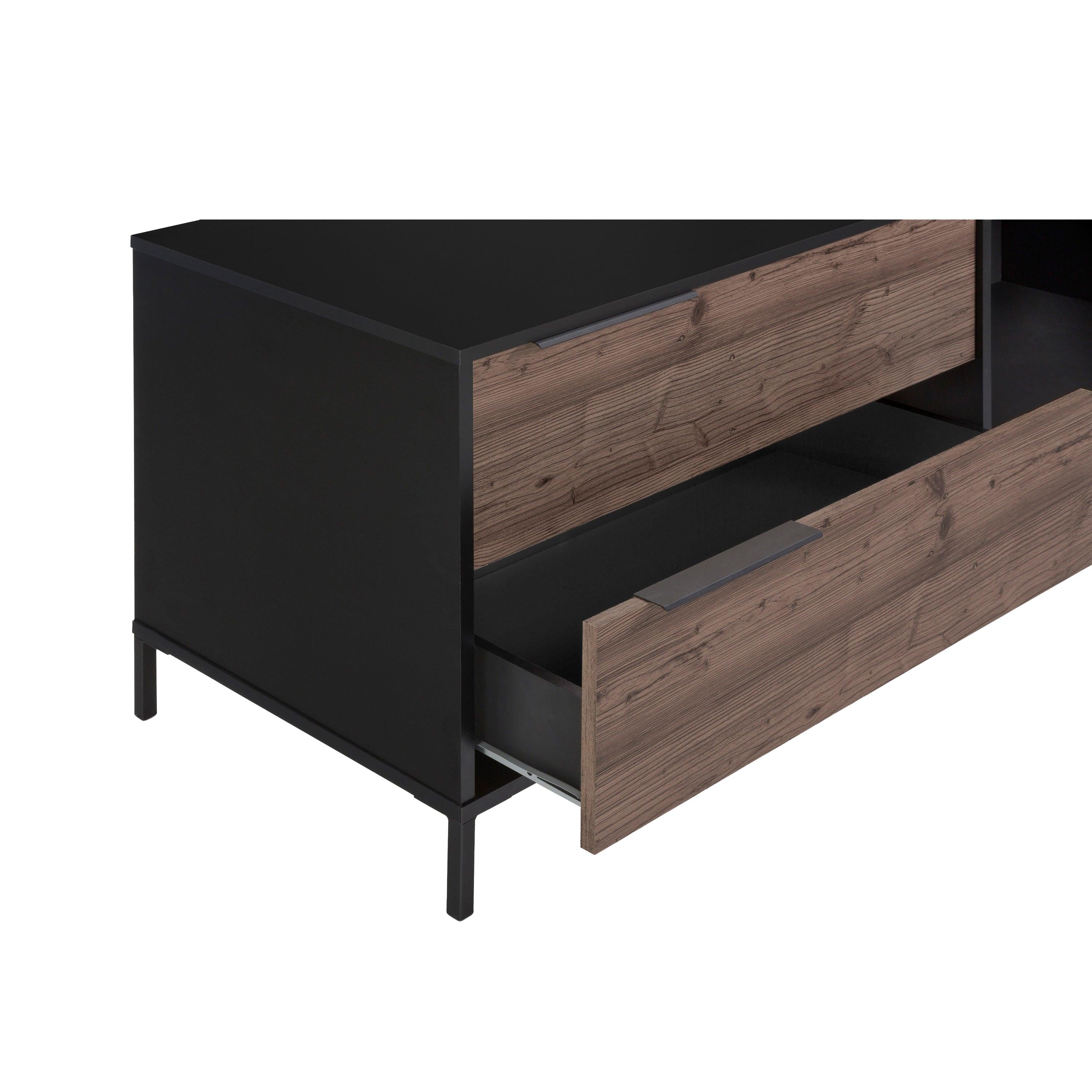 60 Inch Wood and Metal Entertainment TV Stand with 2 Drawers, Brown and Black