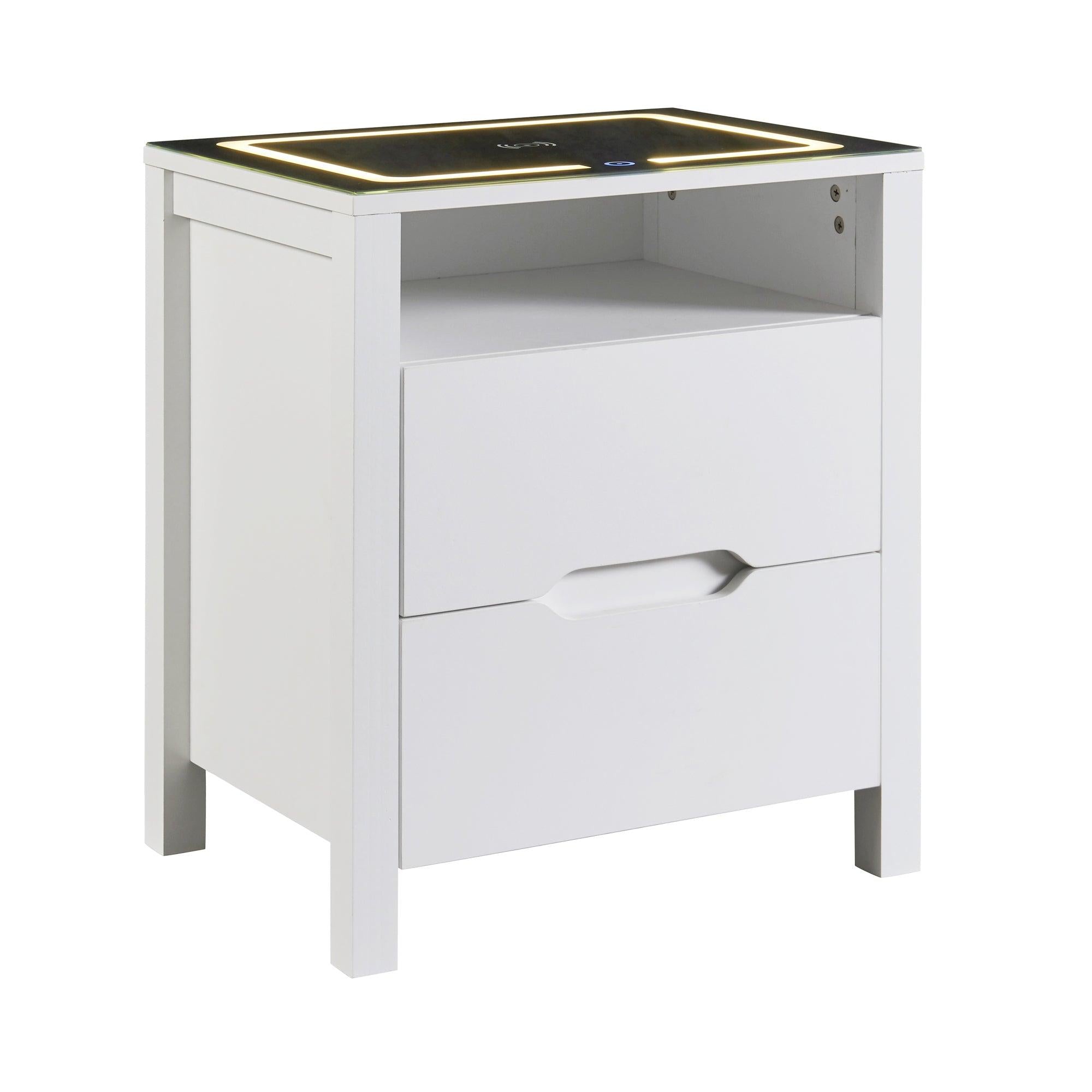 MultifunctionalStorage Nightstand with 2 Drawers and an open shelf, Wireless Charging with adjustable LED, White