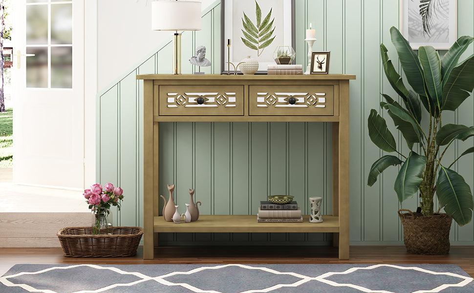 Classic Console Table with Hollow-out Decoration Two Top Drawers and Open Shelf LargeStorage Space (ld)