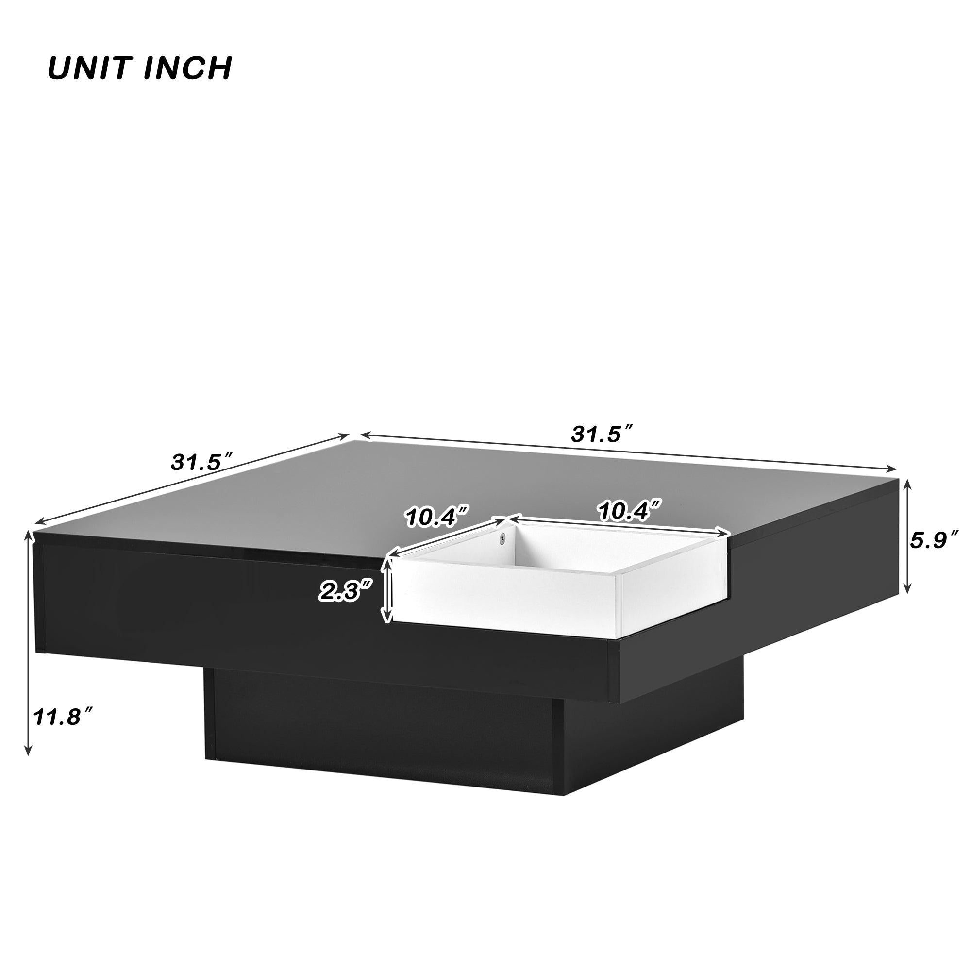 Modern Minimalist Design 31.5*31.5in Square Coffee Table with Detachable Tray and Plug-in 16-color LED Strip Lights Remote Control for Living Room