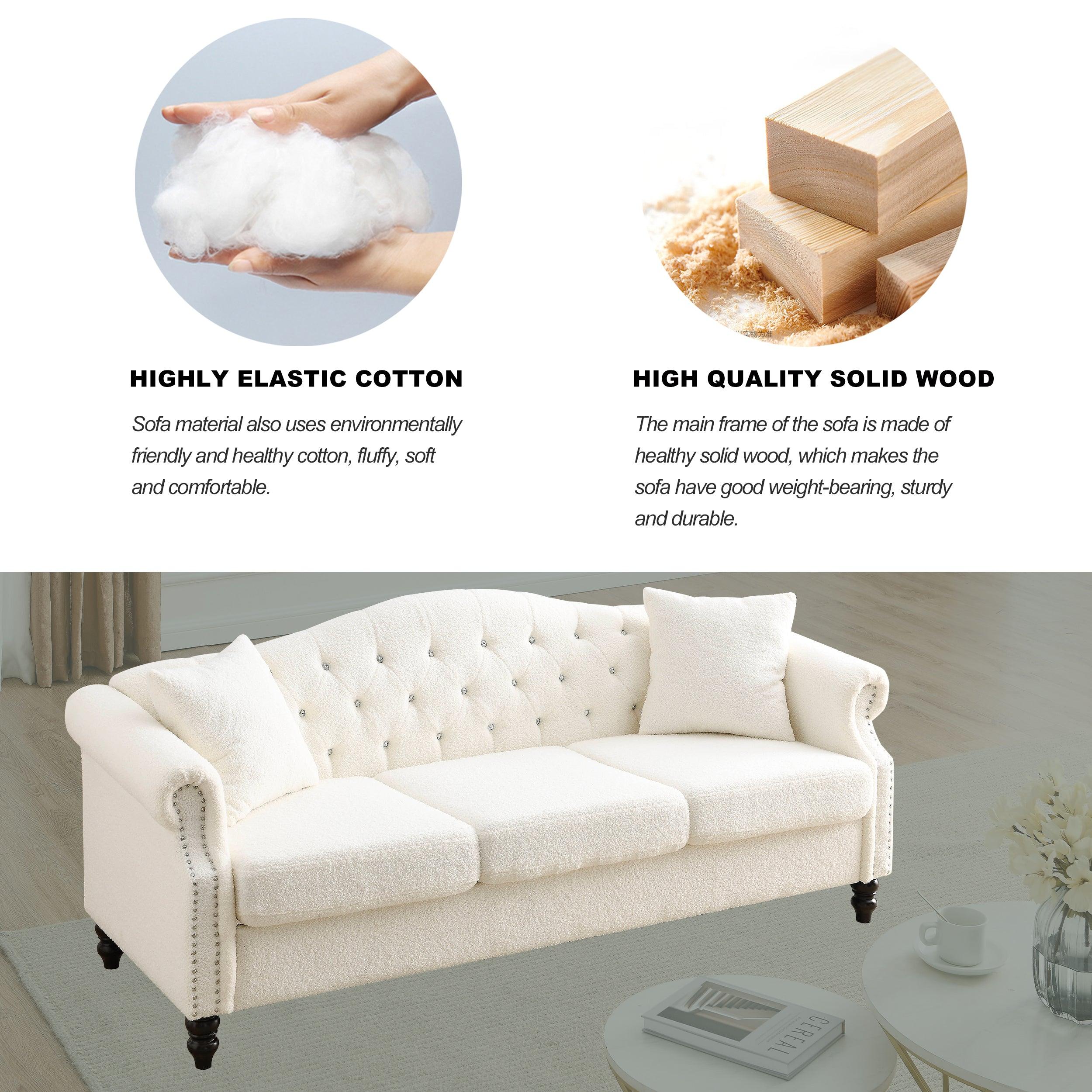 79" Chesterfield Sofa Teddy white for Living Room, 3 Seater Sofa Tufted Couch with Rolled Arms and Nailhead for Living Room, Bedroom, Office, Apartment, two pillows