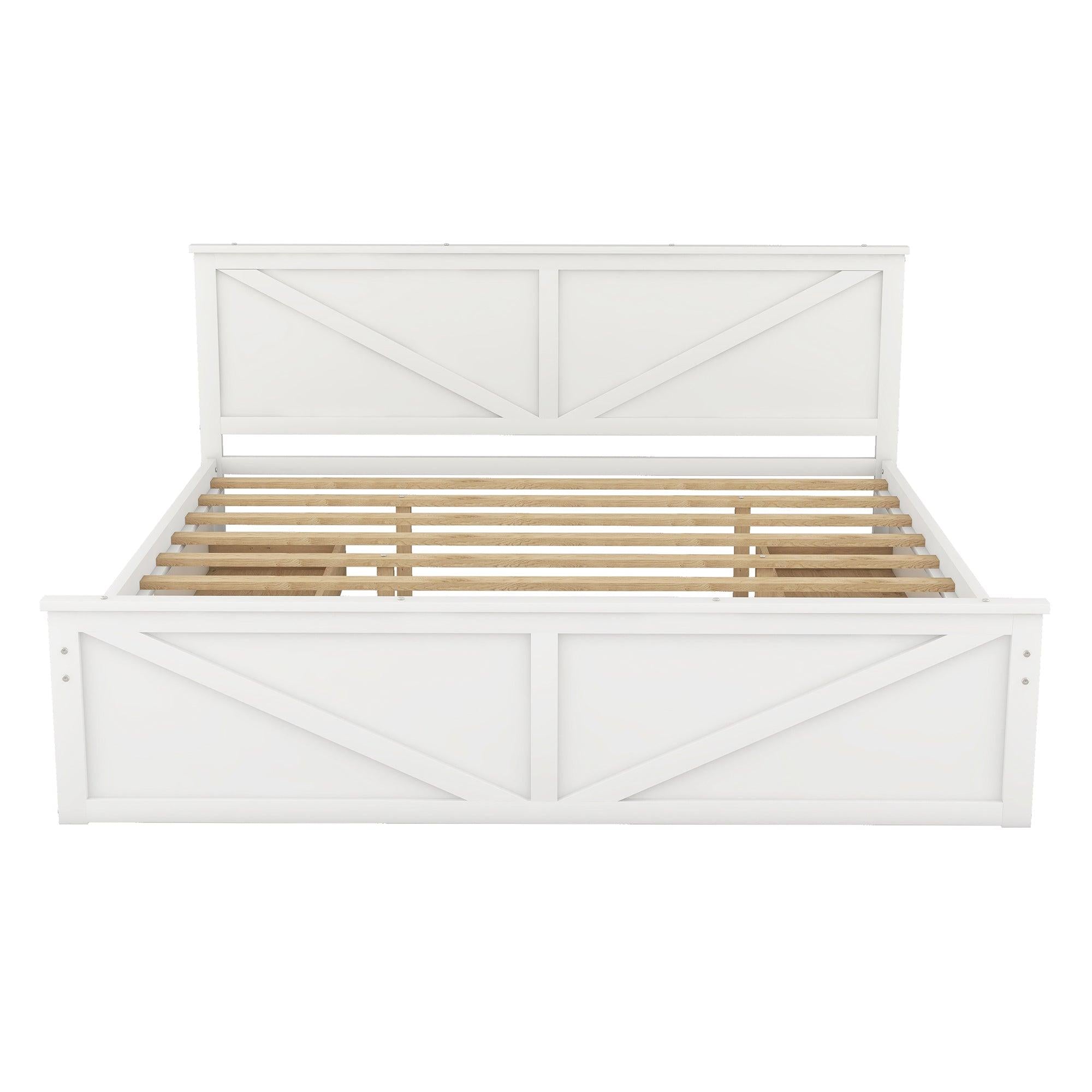 King Size Wooden Platform Bed with FourStorage Drawers and Support Legs, White