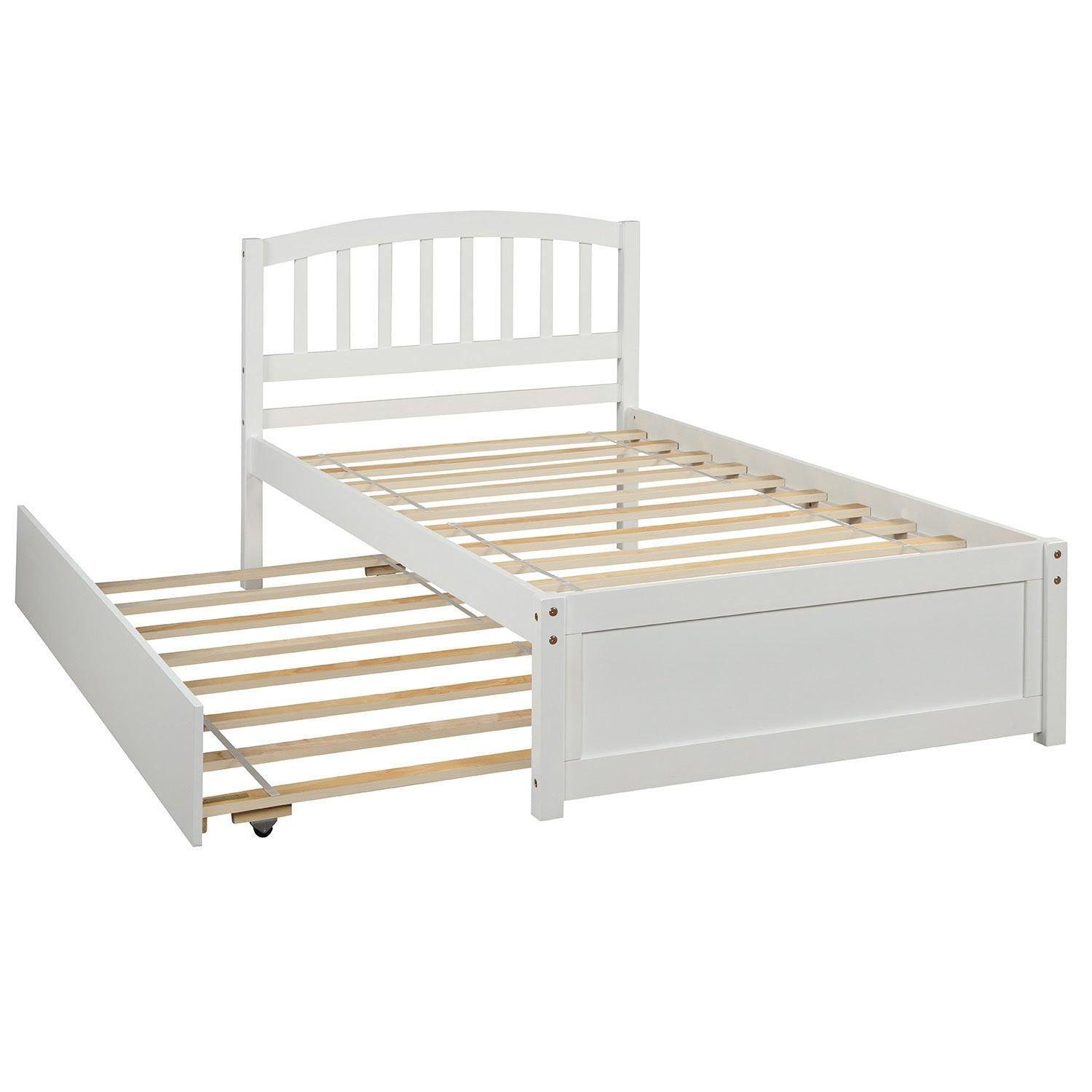 Twin size Platform Bed Wood Bed Frame with Trundle, White