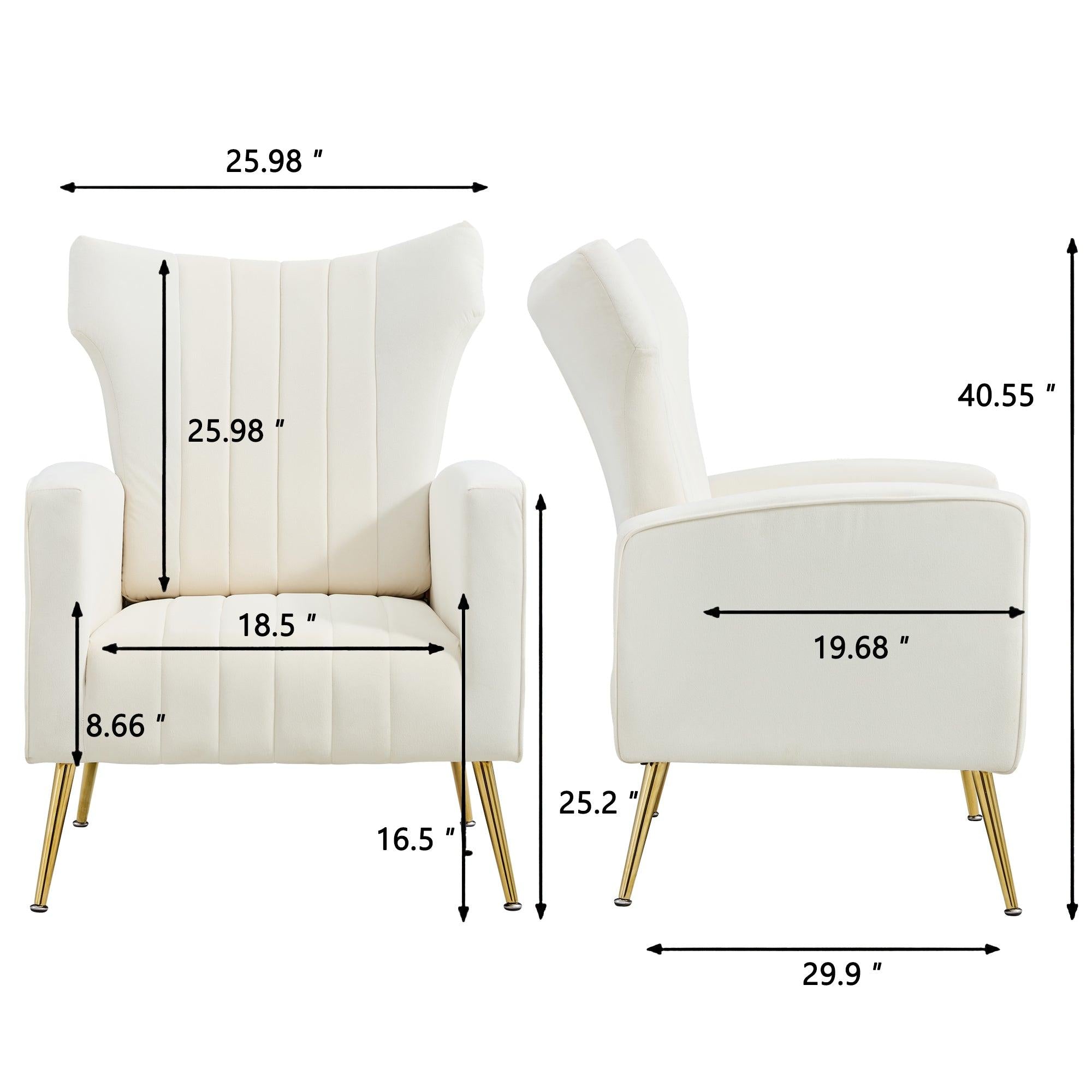 Modern Velvet Accent Chair with Arms, Wingback Reading Chair with Gold Metal Legs, Comfy Upholstered Single Leisure Sofa for Living Room Bedroom Club(Velvet+White)