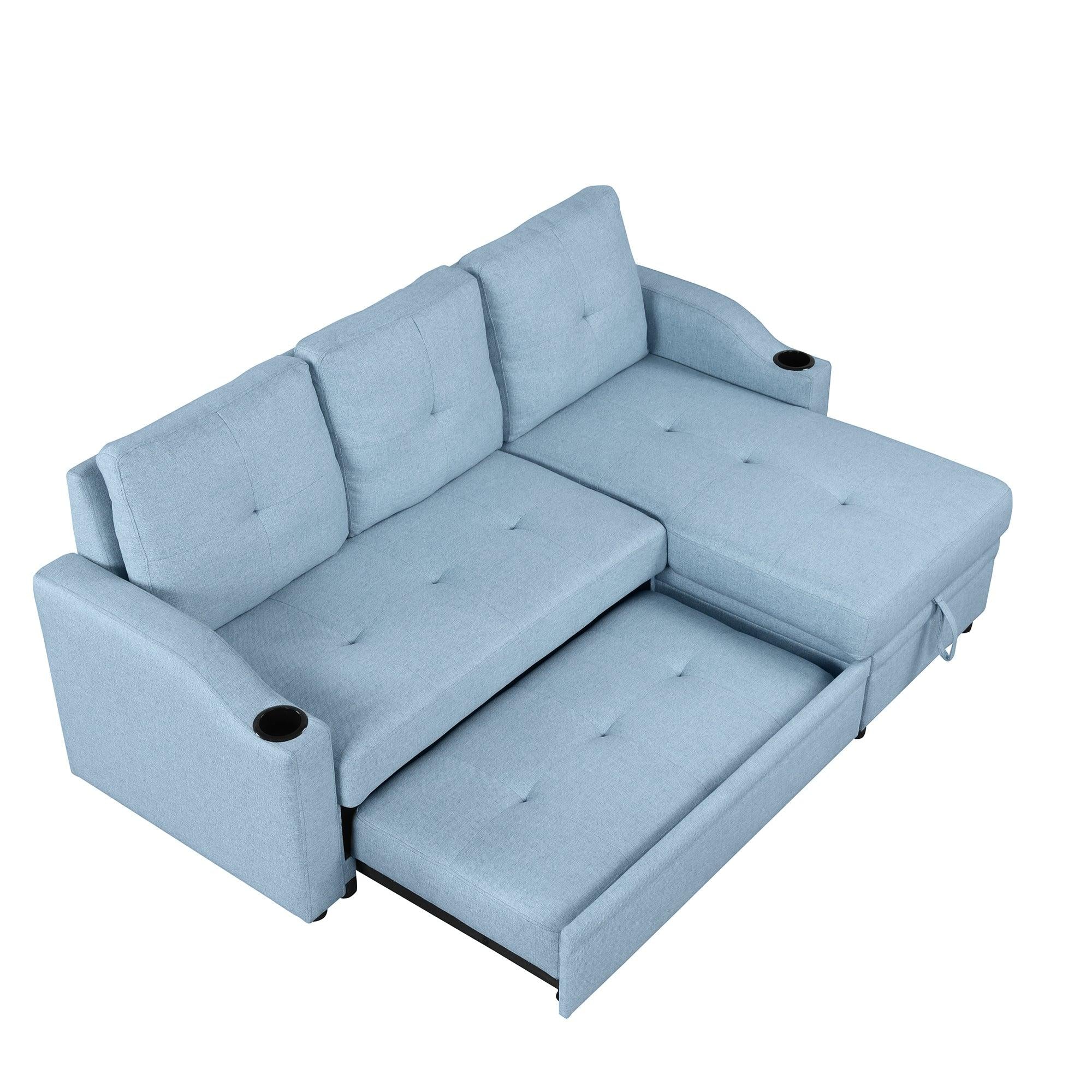 80.3"  Pull Out Sofa BedModern Padded Upholstered Sofa Bed , Linen Fabric 3 Seater Couch withStorage Chaise and Cup Holder , Small Couch for Small Spaces