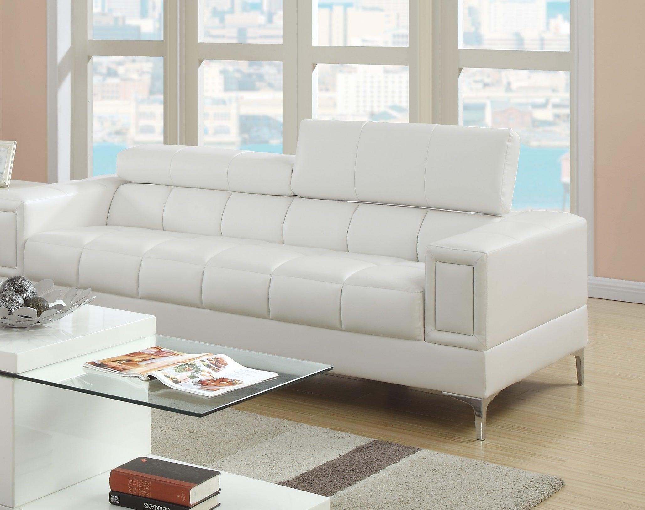 White Faux Leather Living Room 2pc Sofa set Sofa And Loveseat Furniture Couch Unique Design Metal Legs Adjustable Headrest