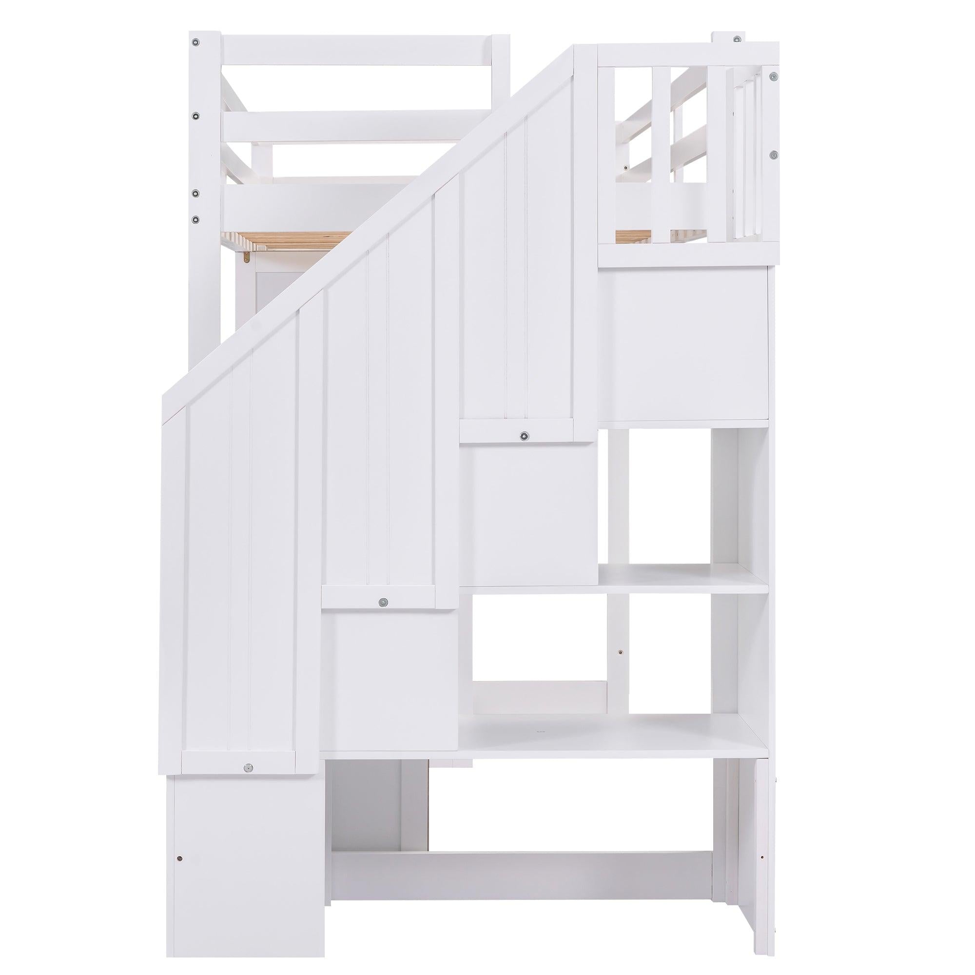 Twin Size Loft Bed with Wardrobe and Staircase, Desk andStorage Drawers and Cabinet in 1, White